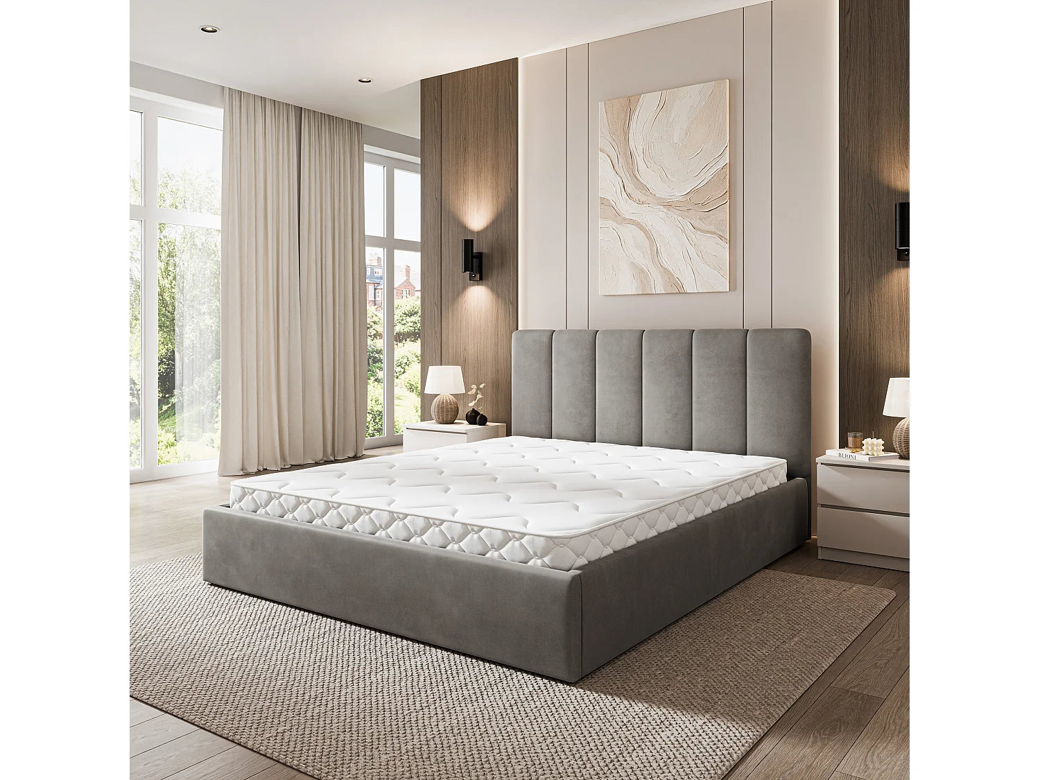 Gestoffeerd bed NEMIS 180x200 cm - Fluwelen stof - Grijs