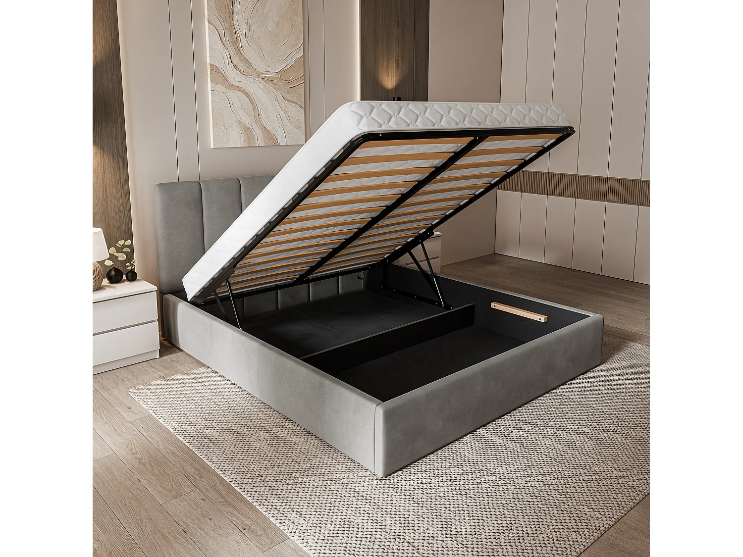 Gestoffeerd bed NEMIS 180x200 cm - Fluwelen stof - Grijs