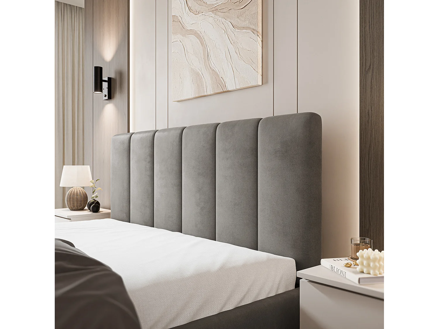 Gestoffeerd bed NEMIS 180x200 cm - Fluwelen stof - Grijs