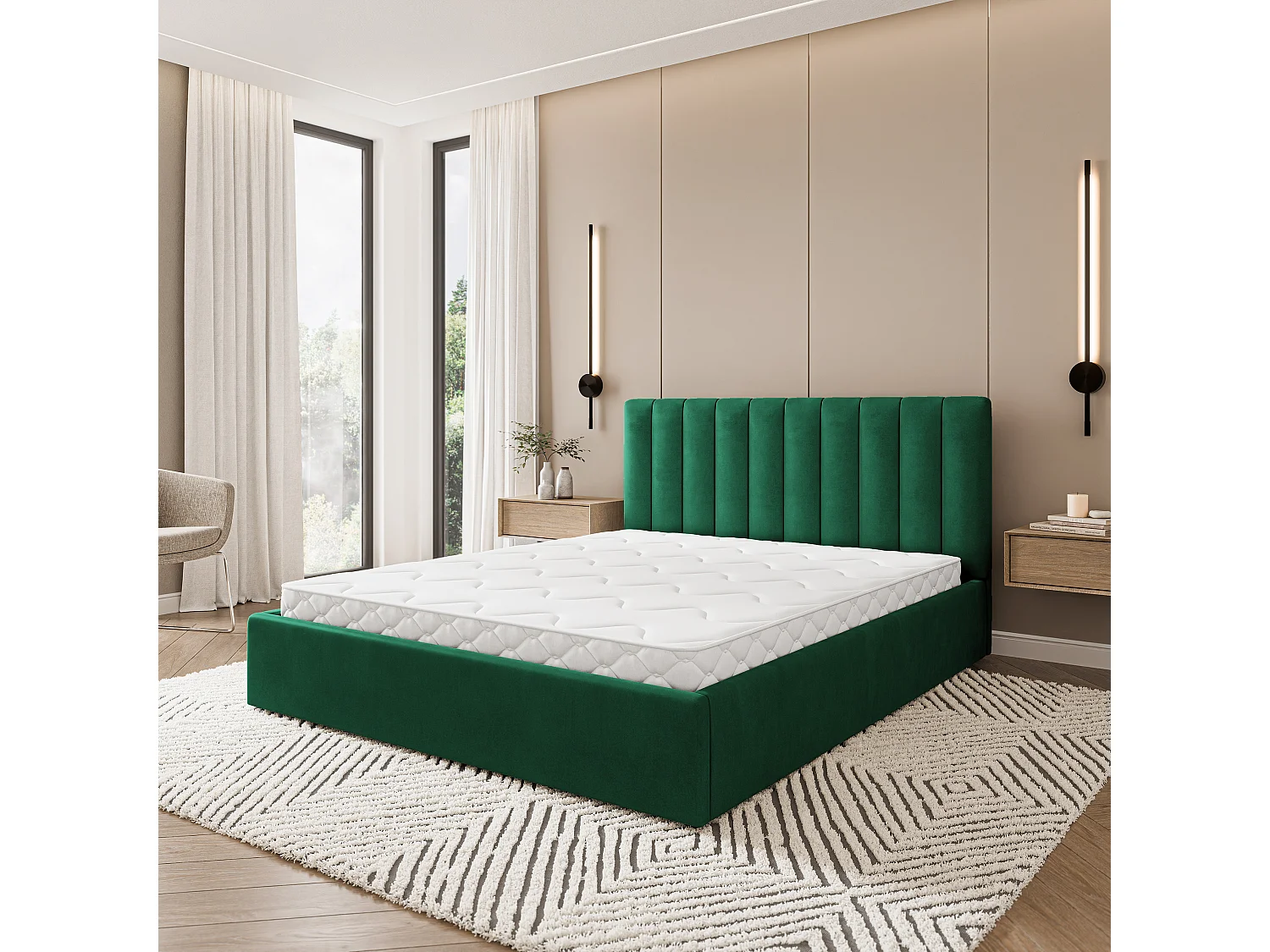 Gestoffeerd bed DEMERA 200x200 cm - Fluwelen stof - Flessengroen