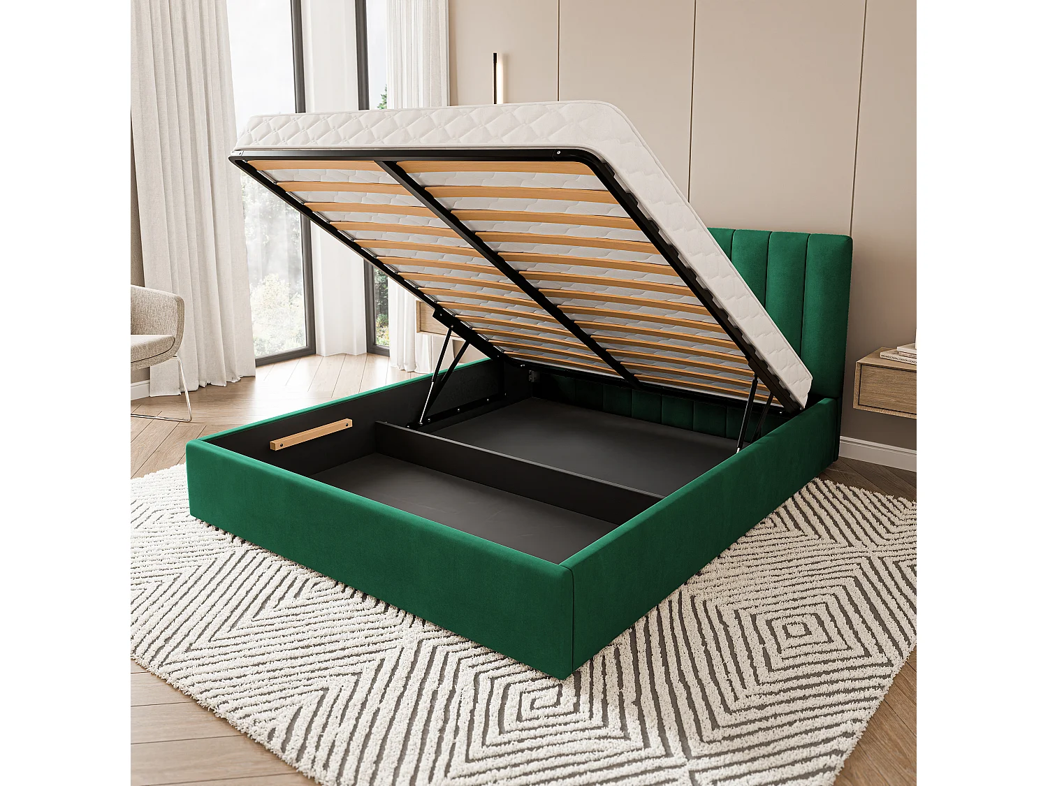 Gestoffeerd bed DEMERA 200x200 cm - Fluwelen stof - Flessengroen