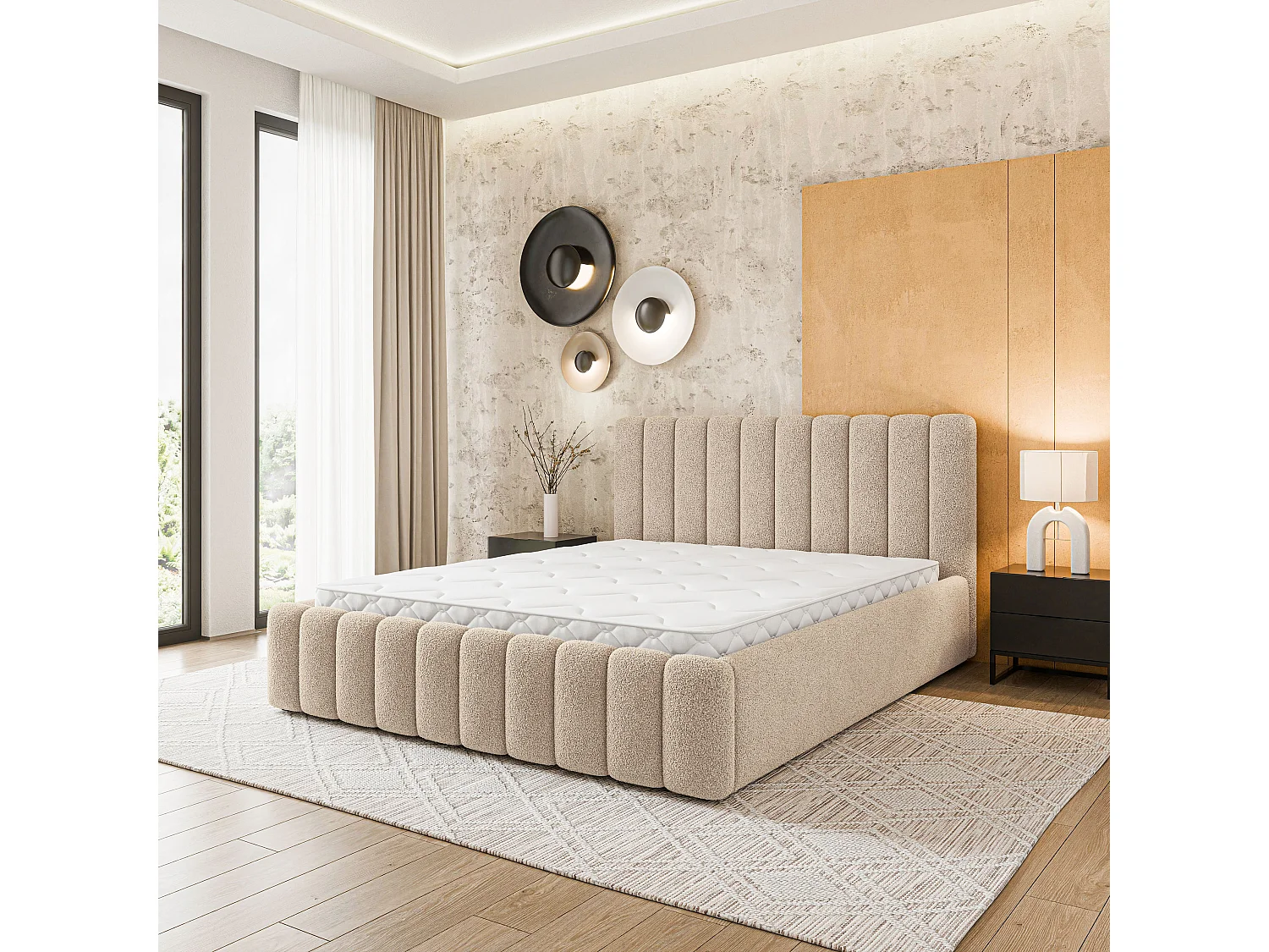 Gestoffeerd bed DINESE 180x200 cm - Bouclé stof - Beige