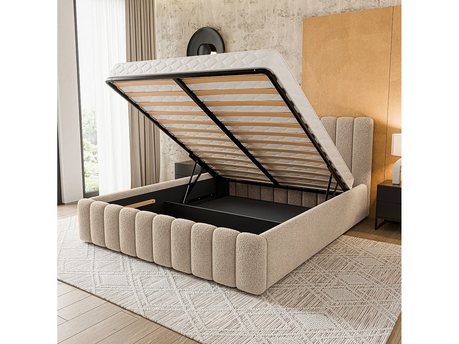 Gestoffeerd bed DINESE 180x200 cm - Bouclé stof - Beige