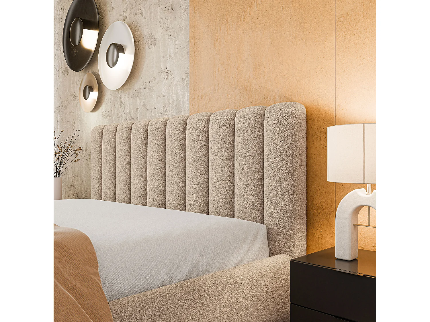 Gestoffeerd bed DINESE 180x200 cm - Bouclé stof - Beige