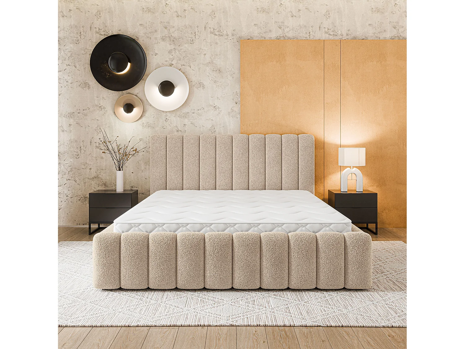 Gestoffeerd bed DINESE 180x200 cm - Bouclé stof - Beige