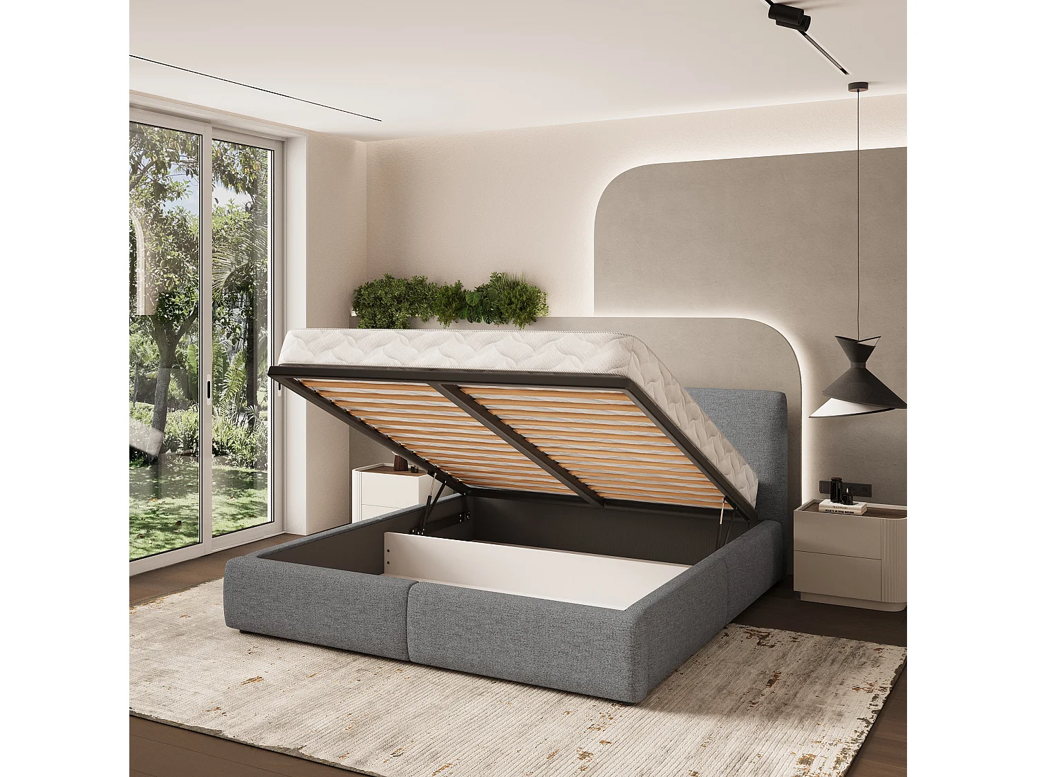 Gestoffeerd bed FELURO 180x200 cm - Geweven stof - Grijs