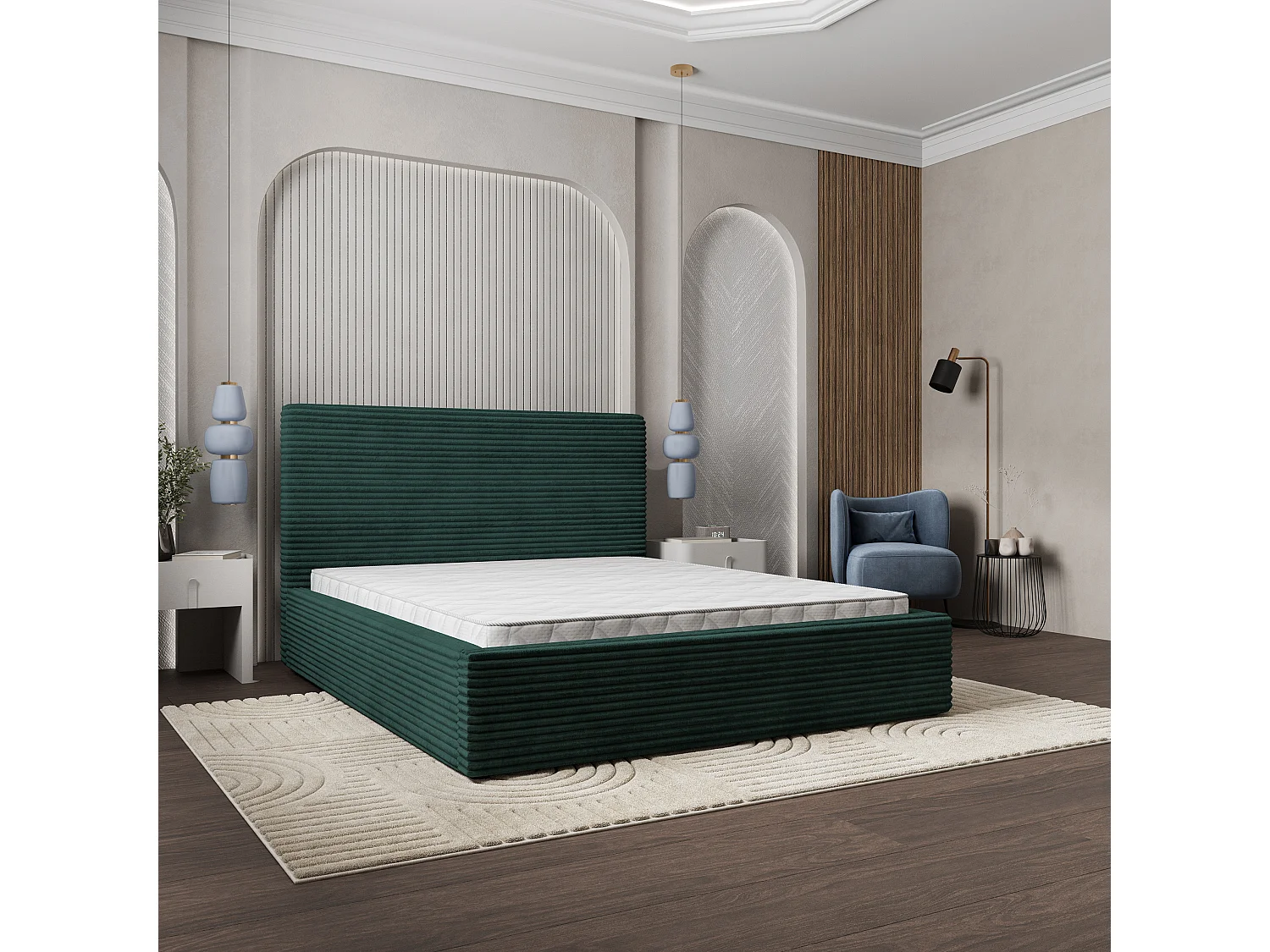 Gestoffeerd bed MIRETTI 140x200 cm - Corduroy stof - Flessengroen