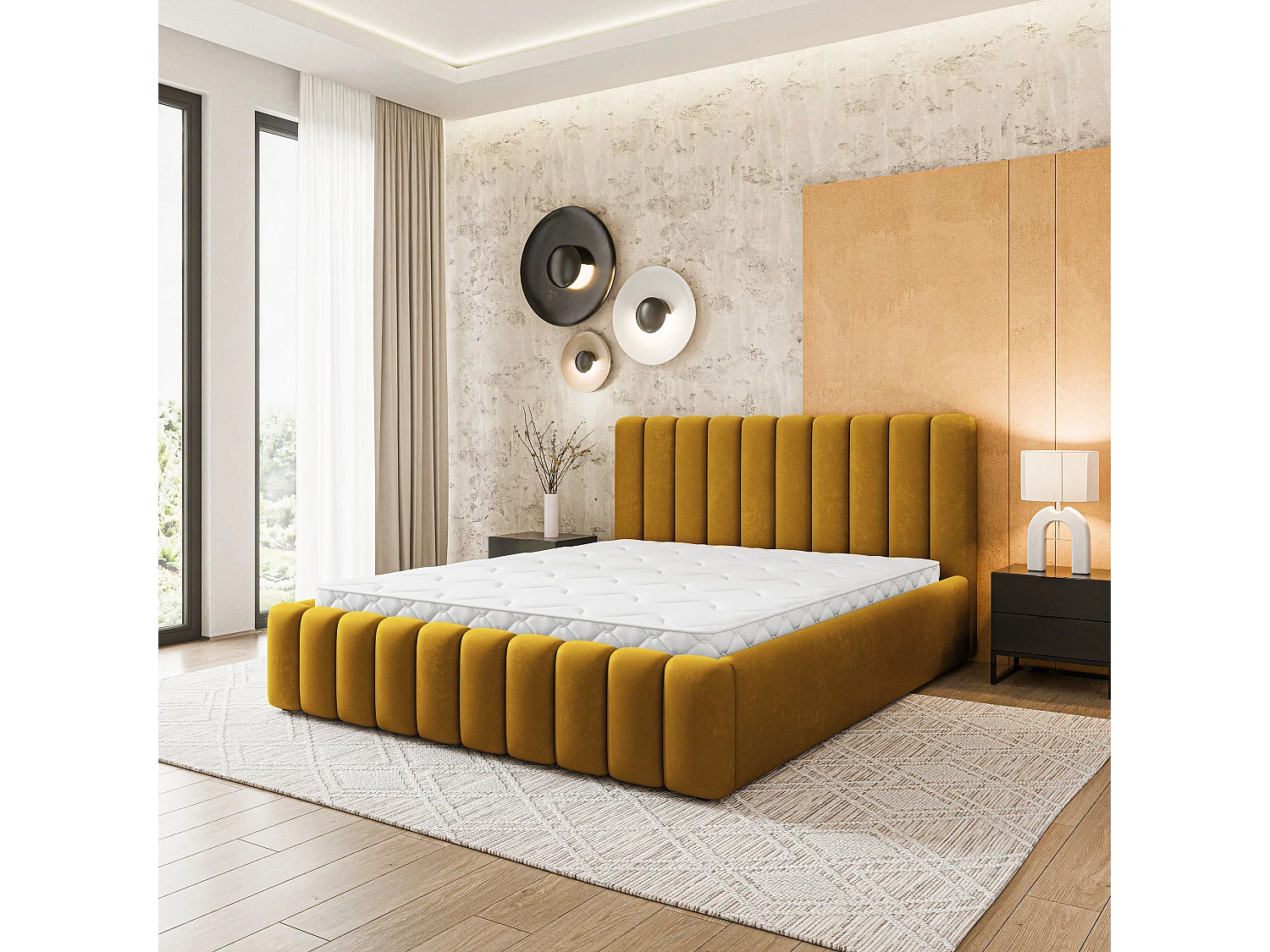 Lit Coffre DINESE 180x200 cm - Tissu peluche - Jaune