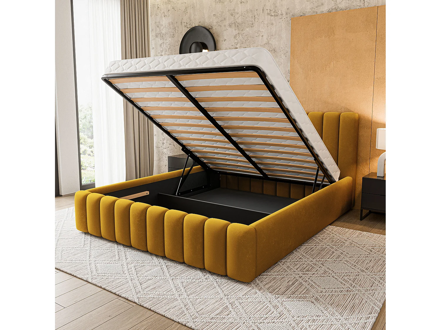 Lit Coffre DINESE 180x200 cm - Tissu peluche - Jaune