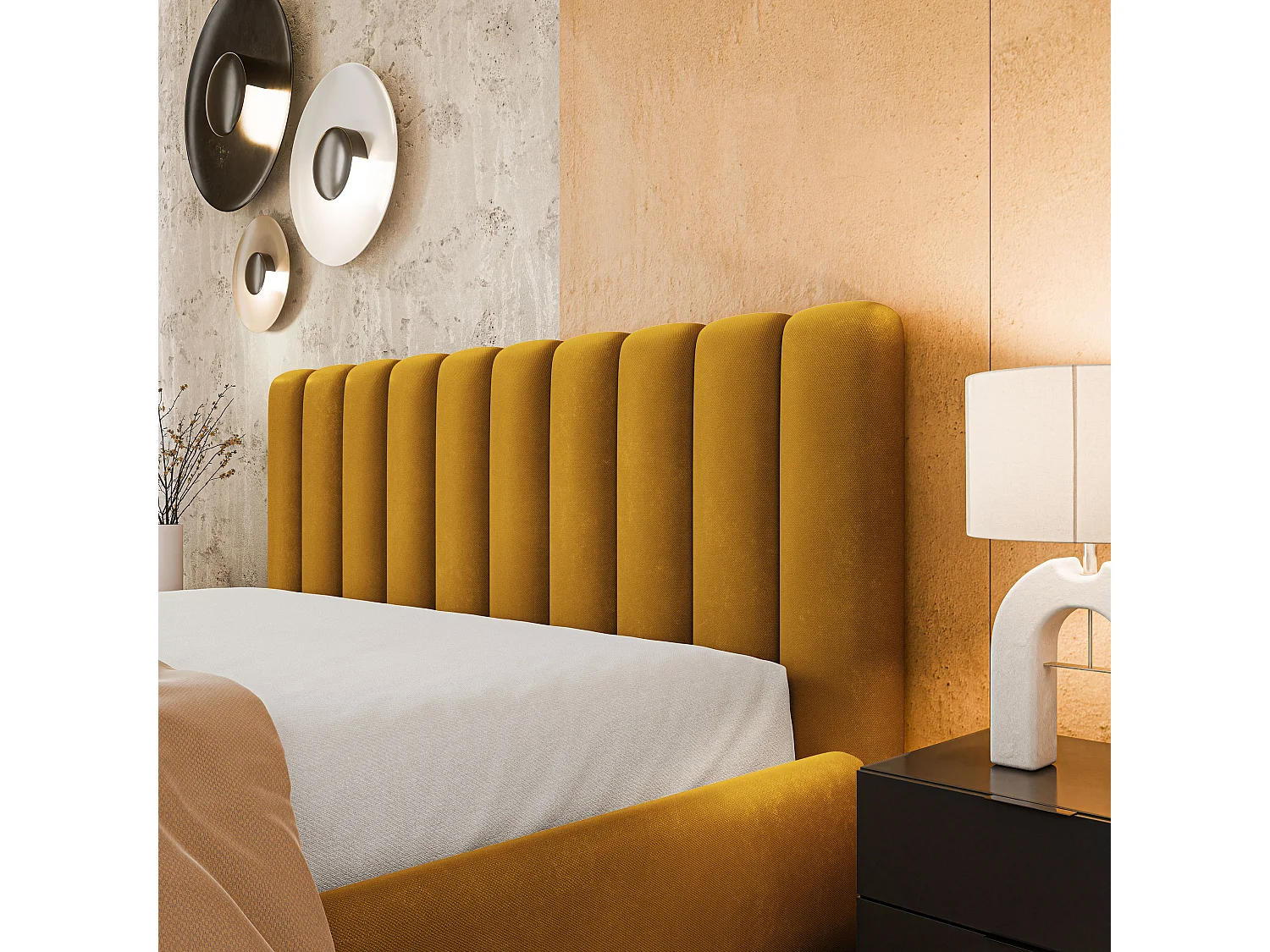 Lit Coffre DINESE 180x200 cm - Tissu peluche - Jaune