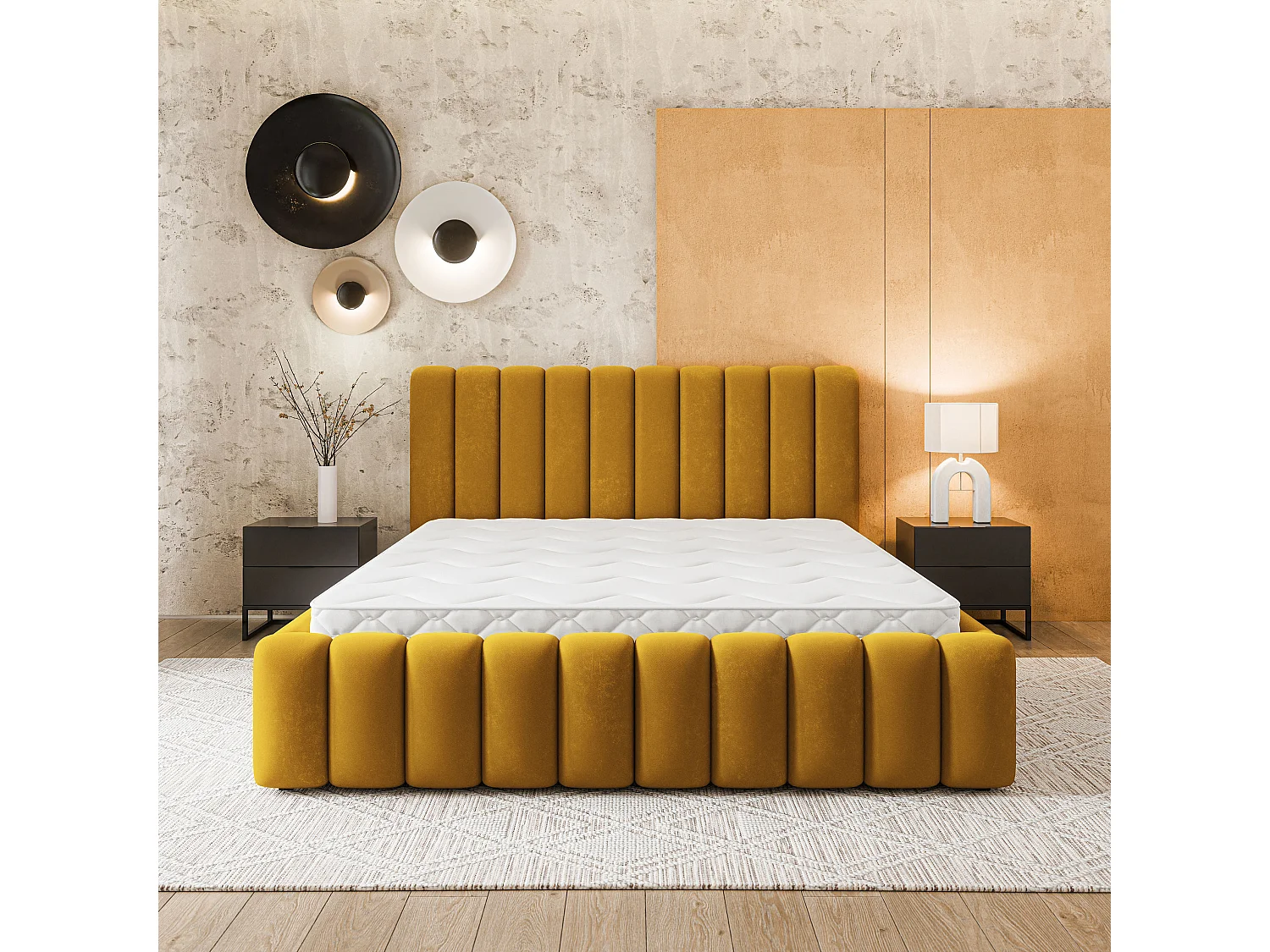 Lit Coffre DINESE 180x200 cm - Tissu peluche - Jaune