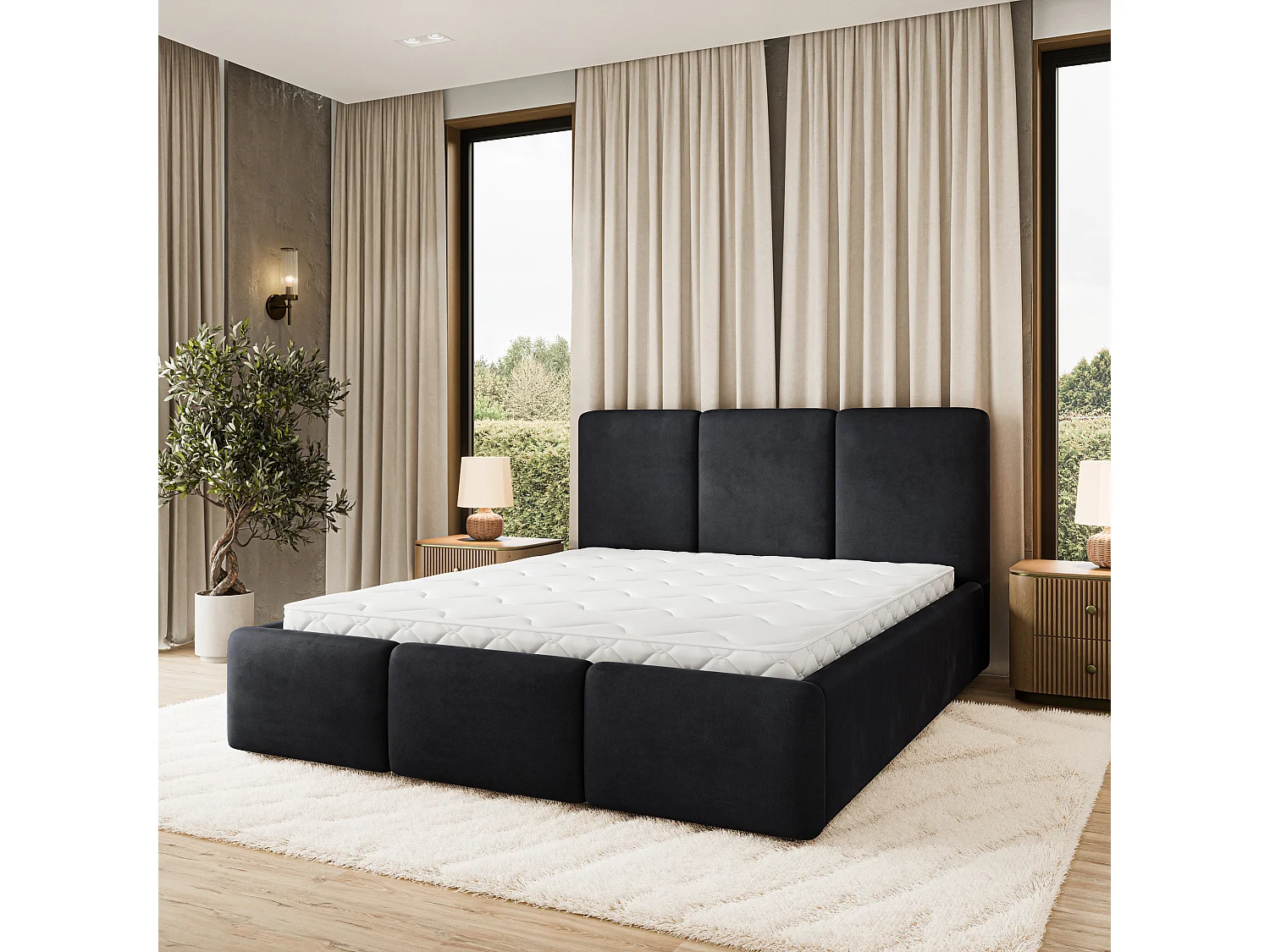 Gestoffeerd bed MORENA 160x200 cm - Fluwelen stof - Zwart