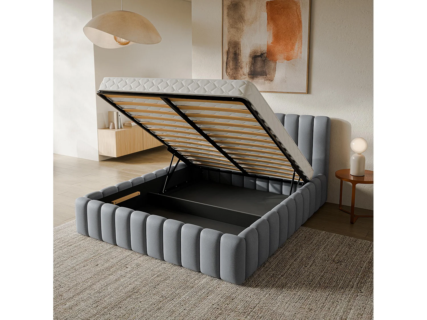 Gestoffeerd bed TEBA 180x200 cm - Pluche stof - Grijs