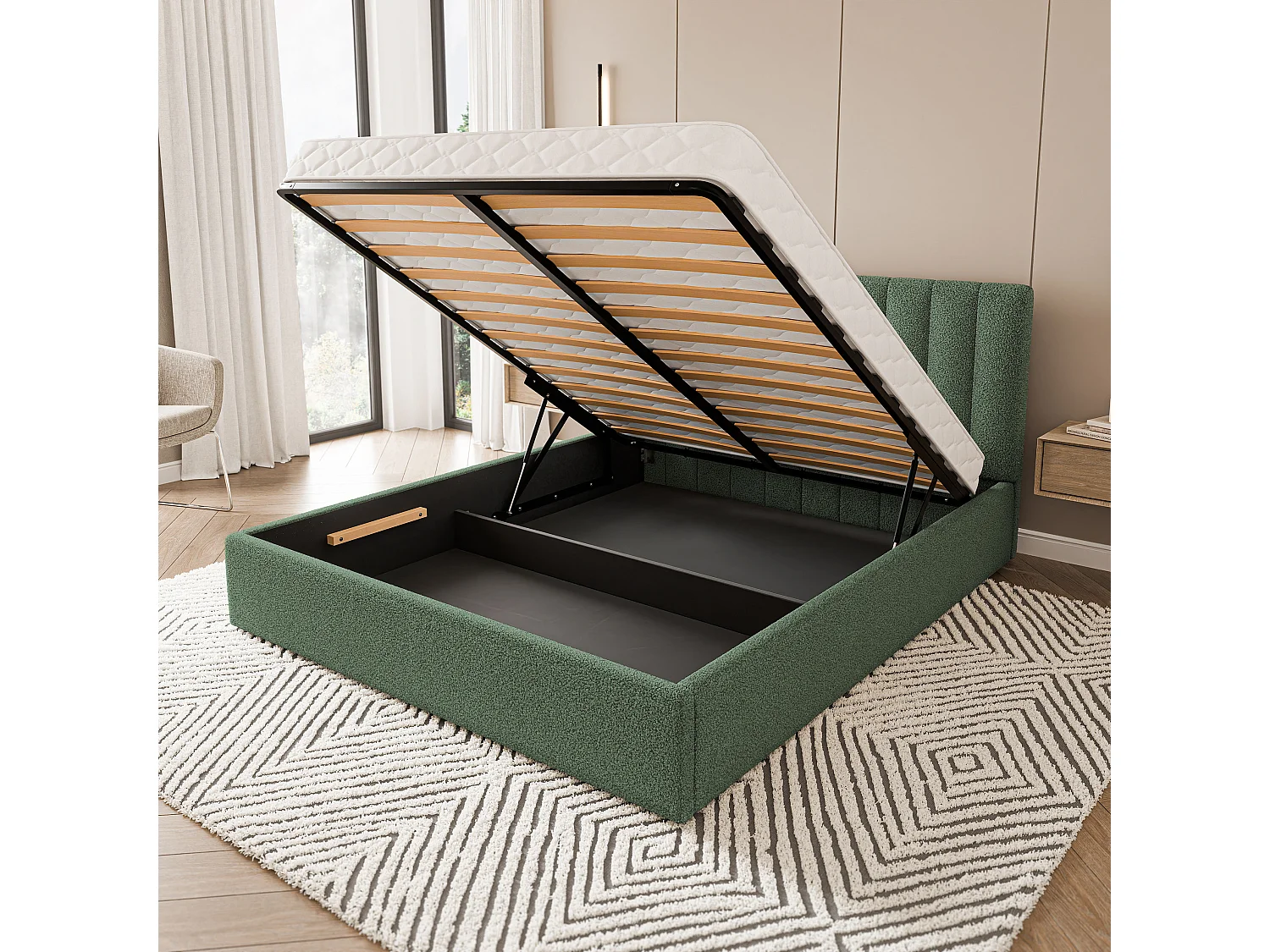 Gestoffeerd bed DEMERA 200x200 cm - Bouclé stof - Groen