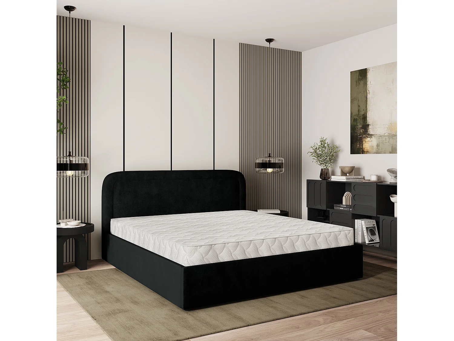 Gestoffeerd bed BENIRA 180x200 cm - Pluche stof - Zwart