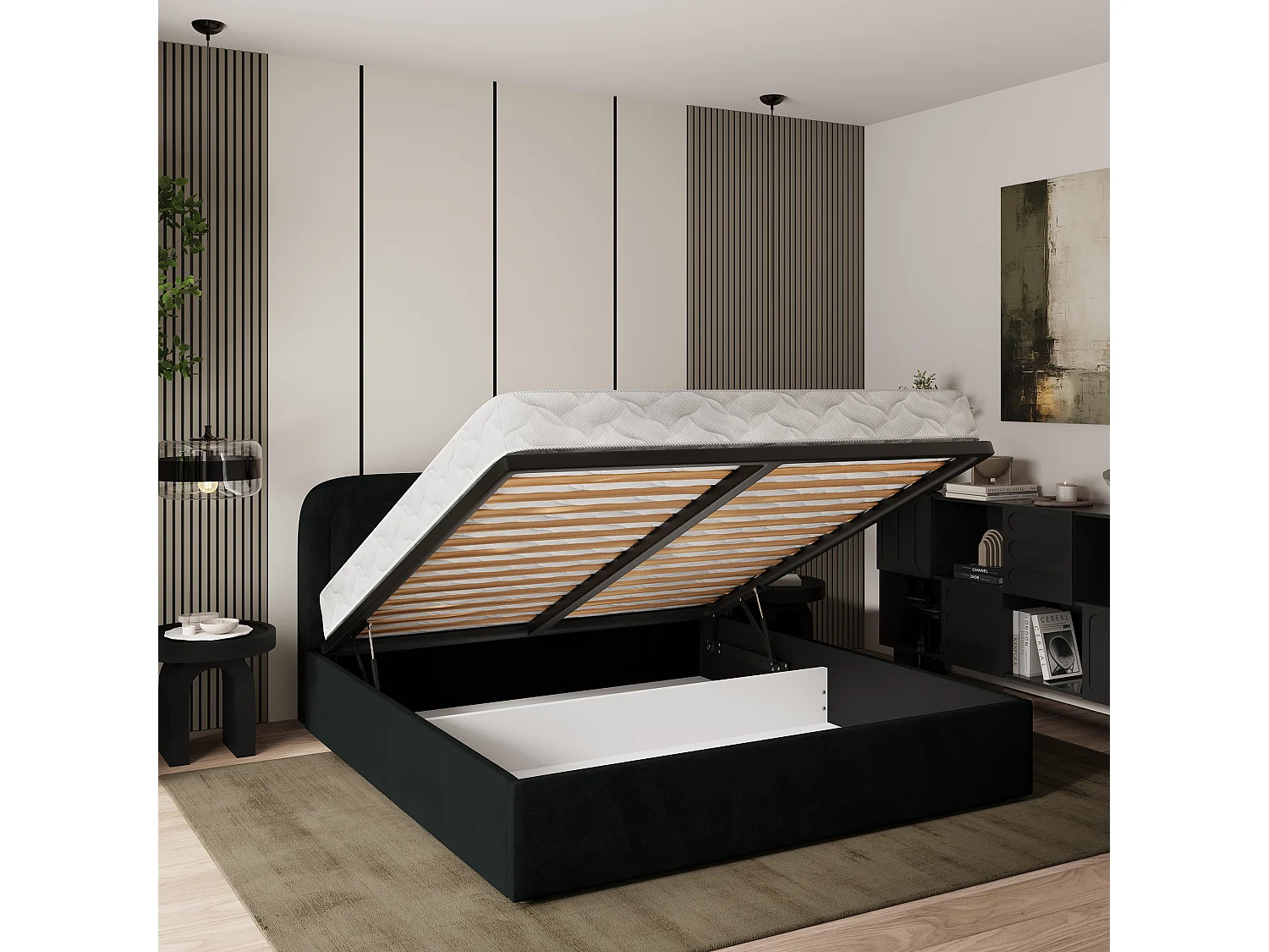 Gestoffeerd bed BENIRA 180x200 cm - Pluche stof - Zwart