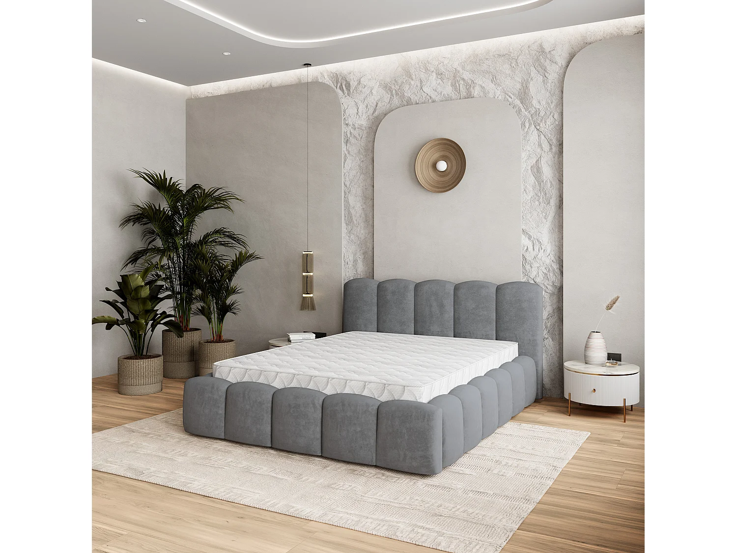 Gestoffeerd bed FALINA 180x200 cm - Pluche stof - Grijs