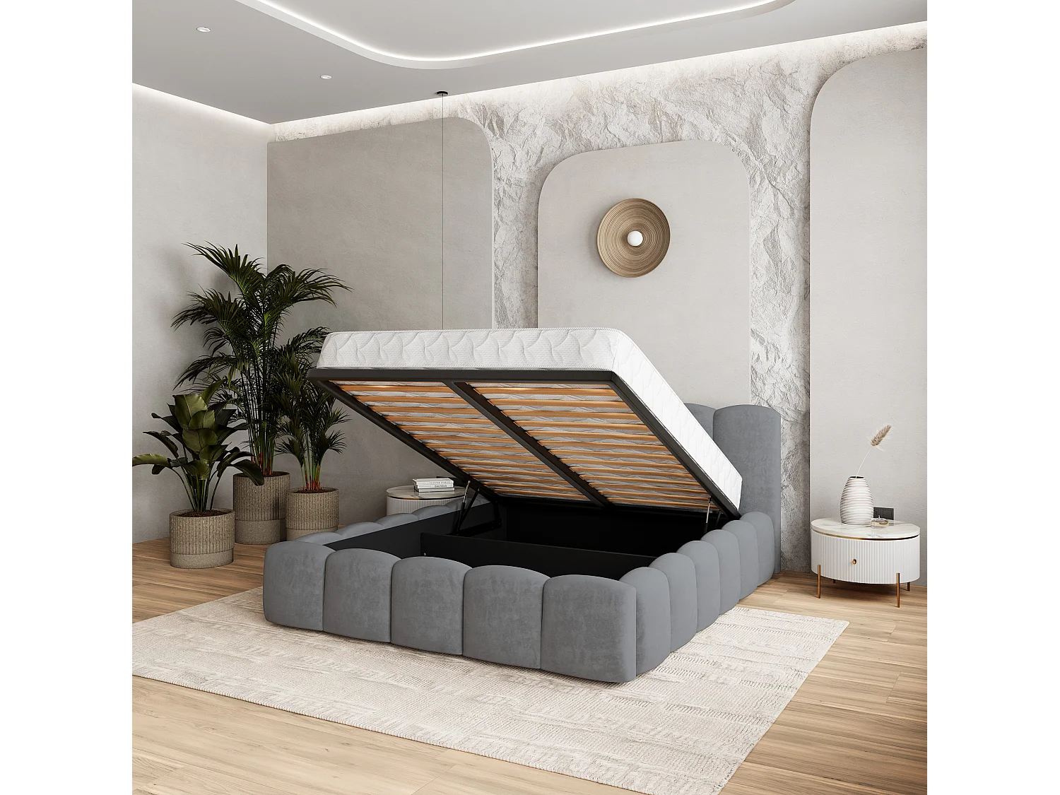 Gestoffeerd bed FALINA 180x200 cm - Pluche stof - Grijs