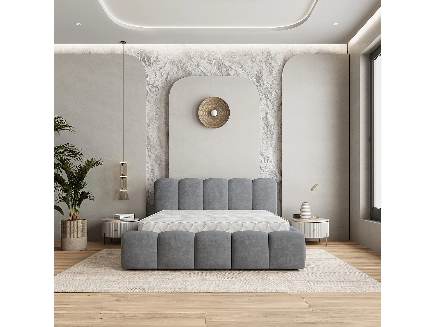 Gestoffeerd bed FALINA 180x200 cm - Pluche stof - Grijs