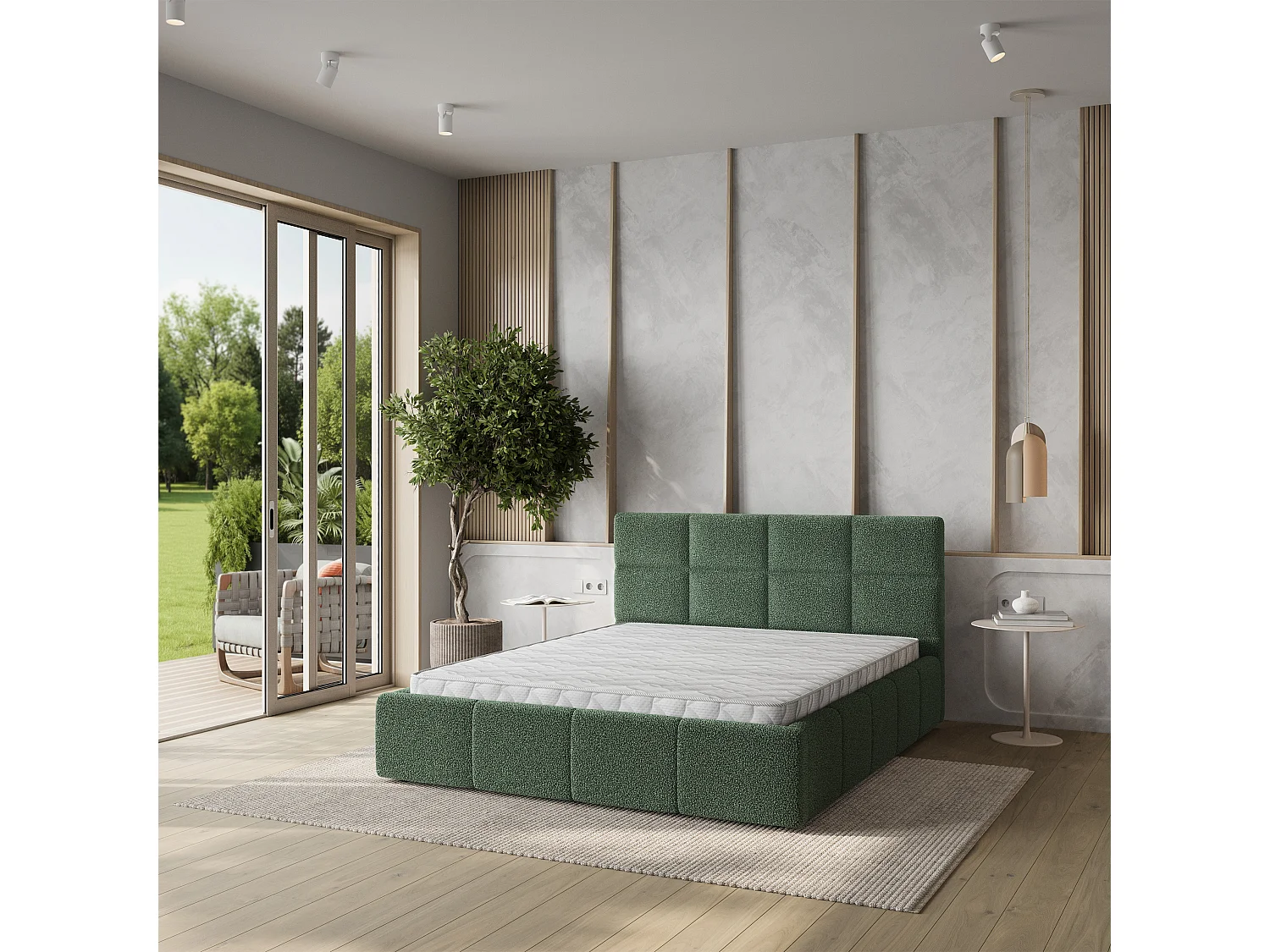 Gestoffeerd bed COMO 160x200 cm - Bouclé stof - Groen