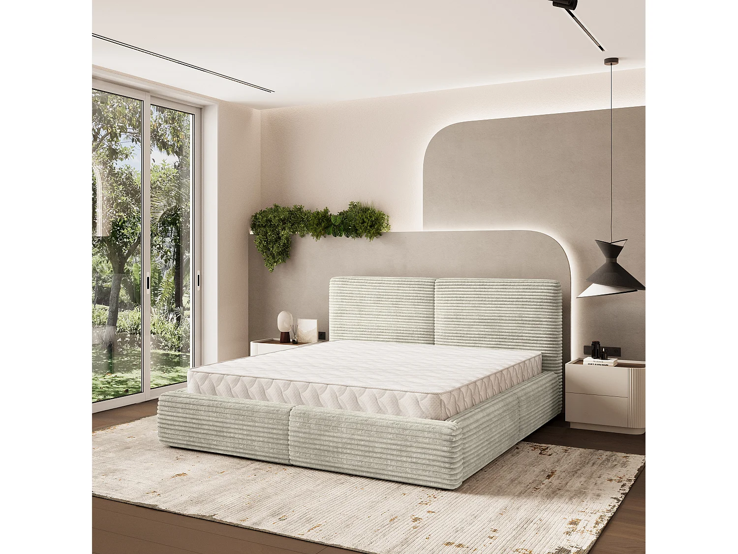 Gestoffeerd bed FELURO 140x200 cm - Corduroy stof - Lichtgrijs