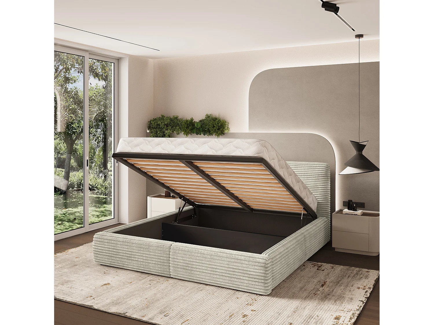 Gestoffeerd bed FELURO 140x200 cm - Corduroy stof - Lichtgrijs
