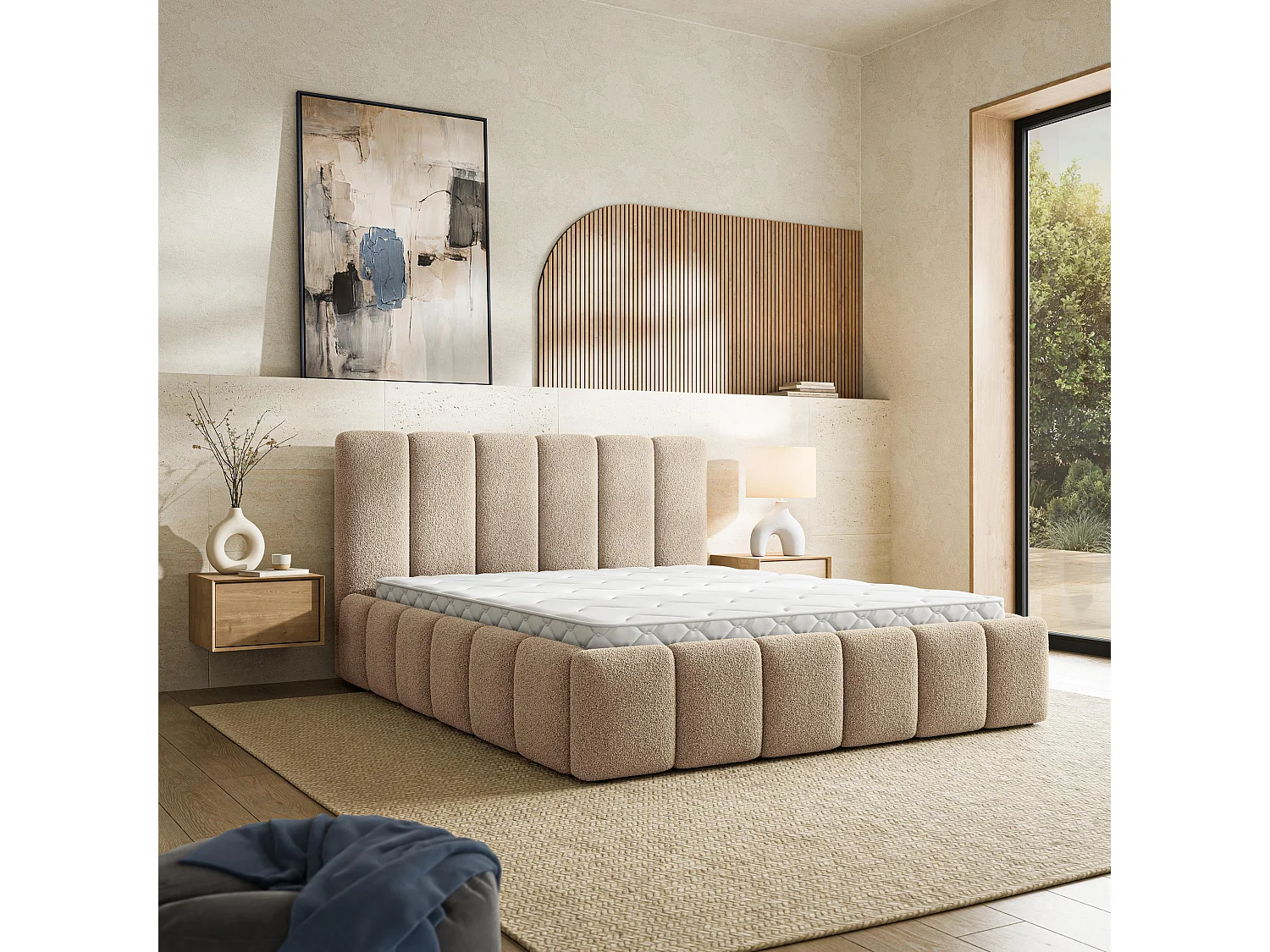 Gestoffeerd bed RANIS 180x200 cm - Bouclé stof - Beige