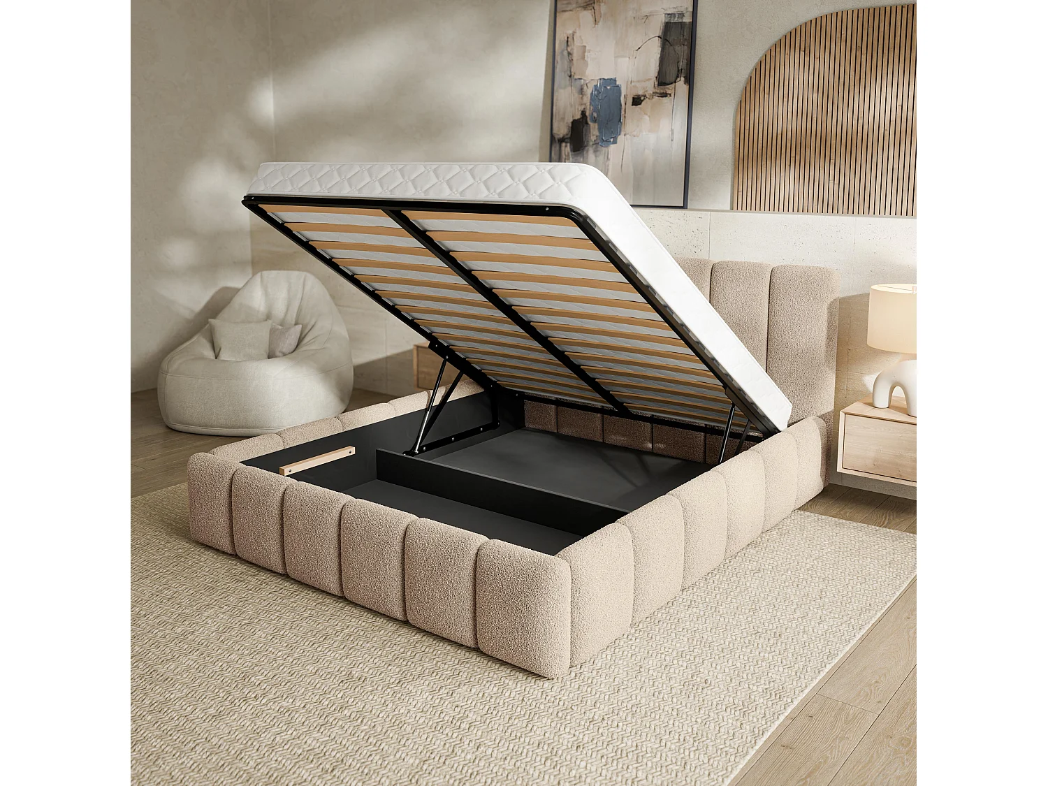 Gestoffeerd bed RANIS 180x200 cm - Bouclé stof - Beige