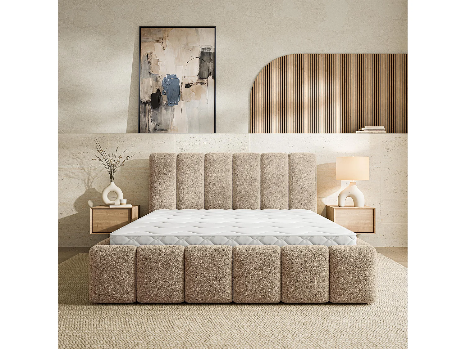 Gestoffeerd bed RANIS 180x200 cm - Bouclé stof - Beige