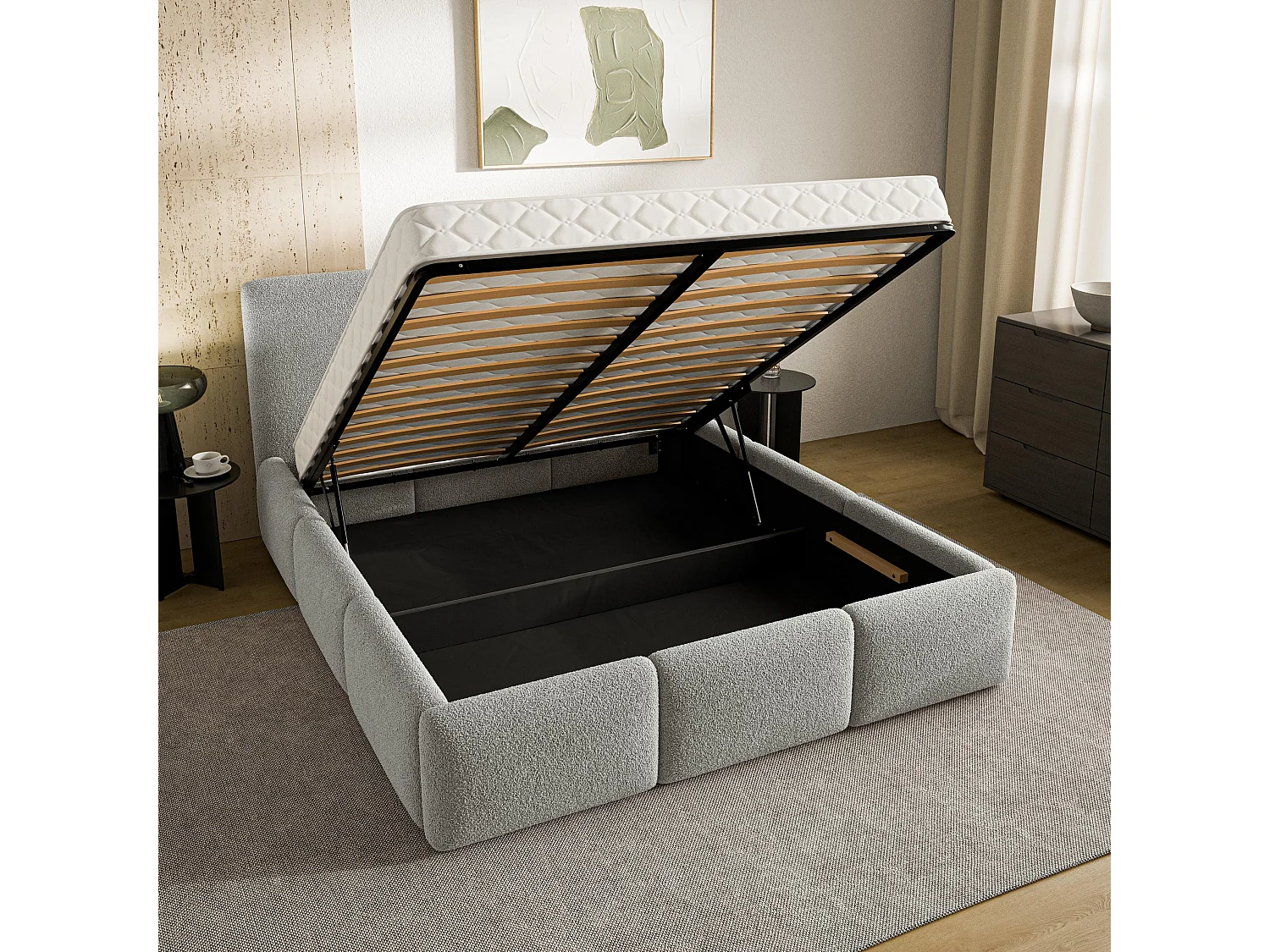 Gestoffeerd bed ARSIL 180x200 cm - Bouclé stof - Lichtgrijs
