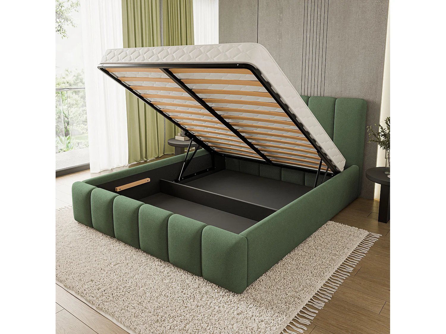 Gestoffeerd bed ATTORA 160x200 cm - Geweven stof - Groen