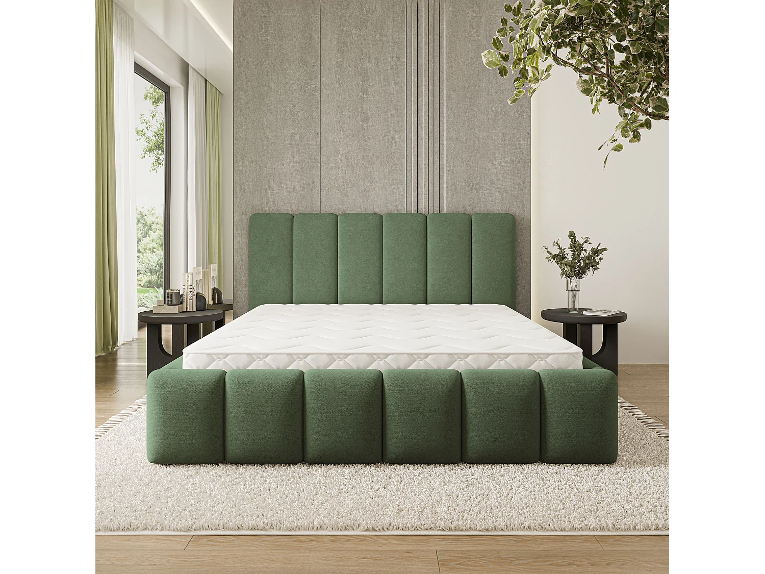 Gestoffeerd bed ATTORA 160x200 cm - Geweven stof - Groen