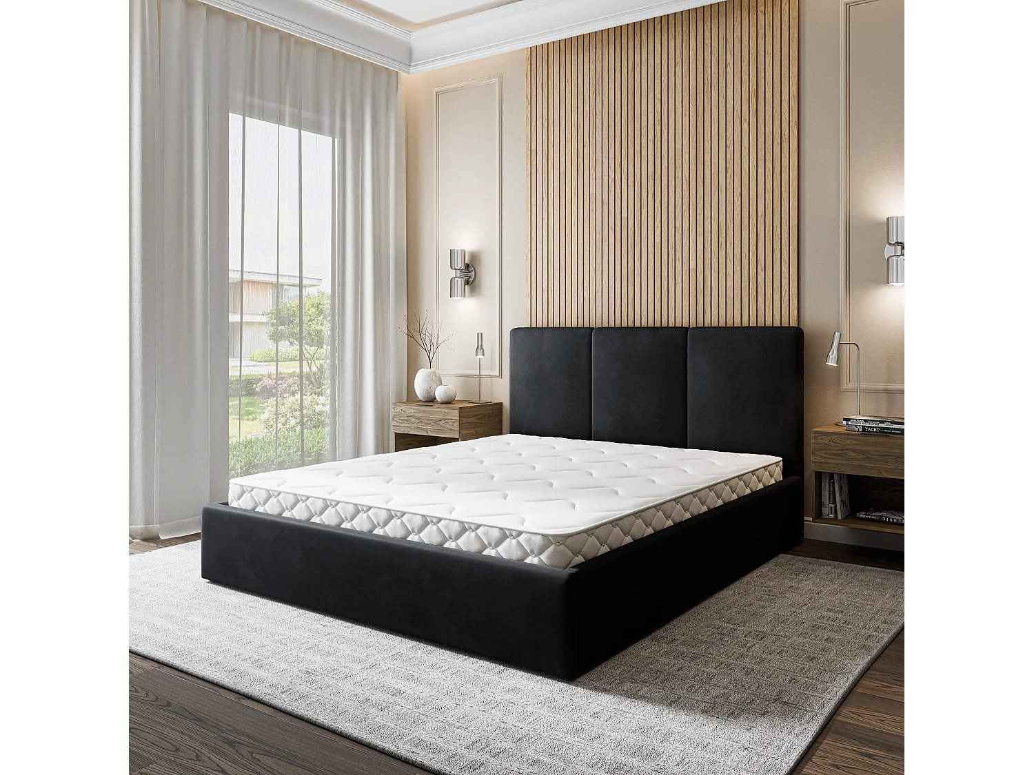Gestoffeerd bed AZURI 140x200 cm - Fluwelen stof - Zwart