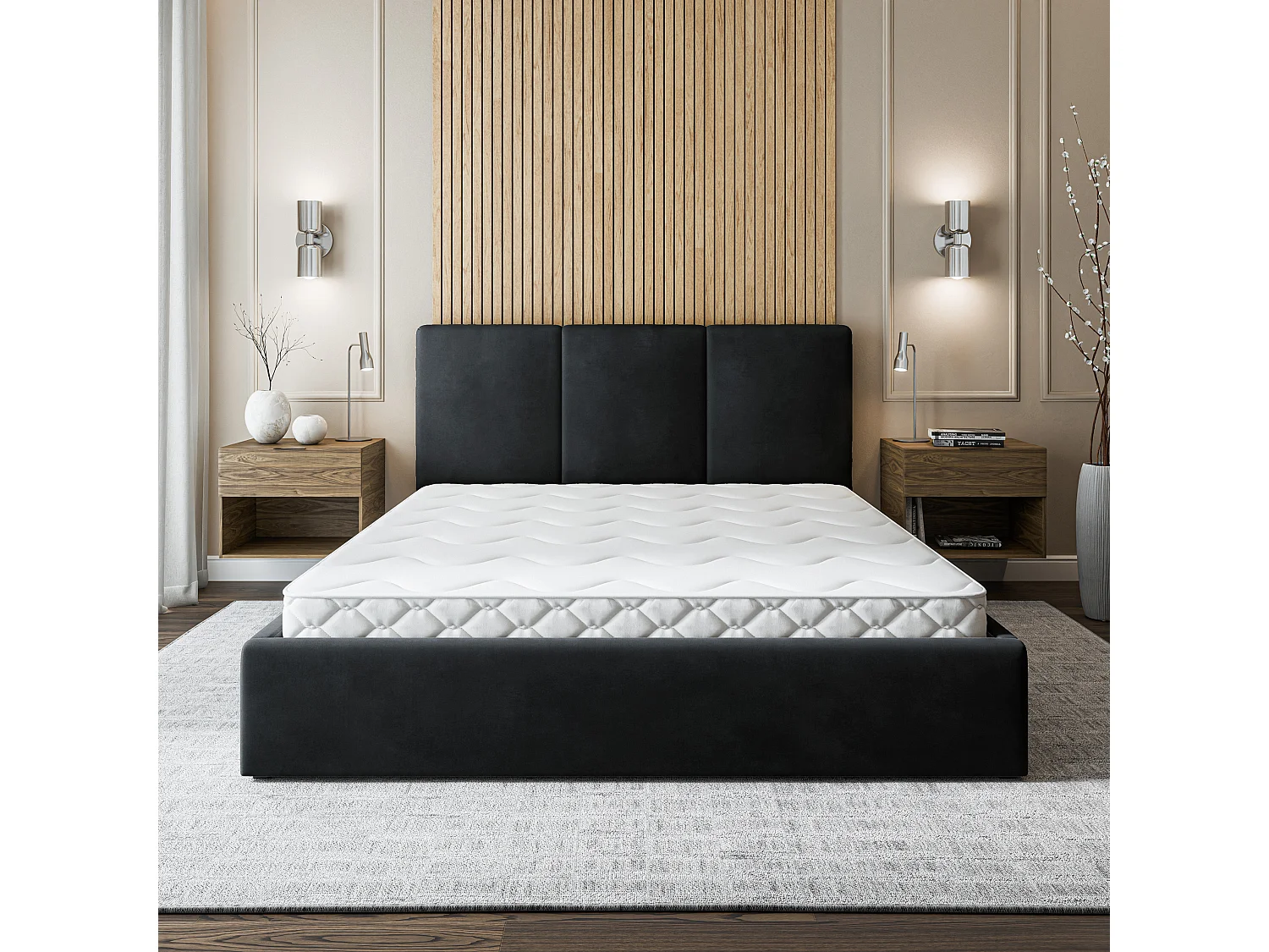 Gestoffeerd bed AZURI 140x200 cm - Fluwelen stof - Zwart