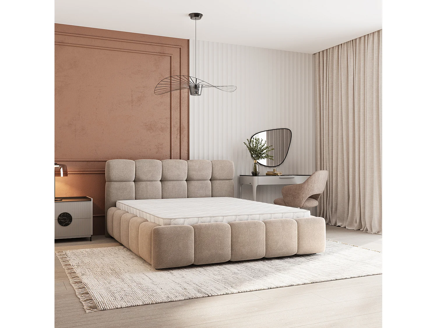 Gestoffeerd bed FARU 180x200 cm - Geweven stof - Beige