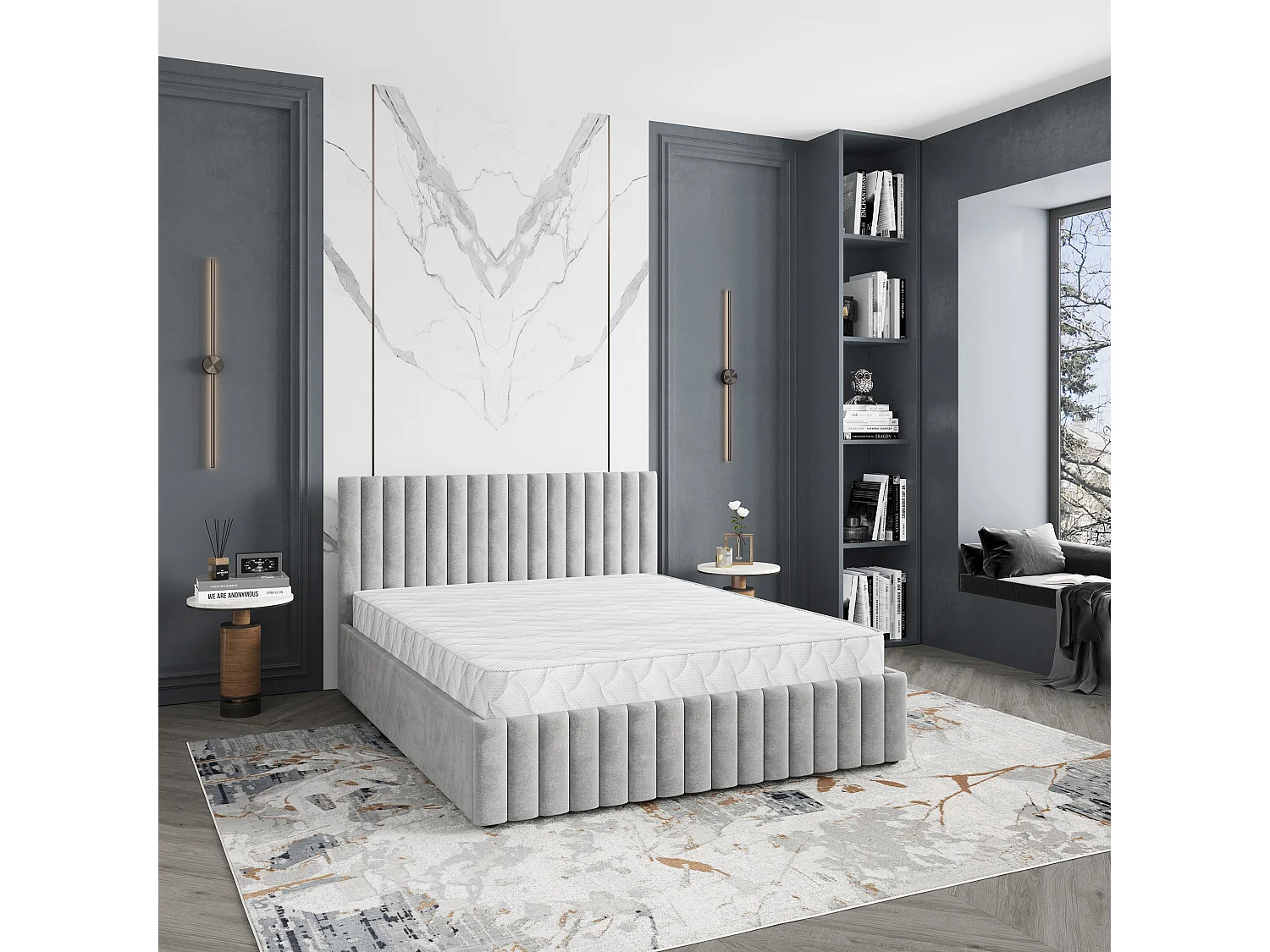 Gestoffeerd bed CARMIA 180x200 cm - Pluche stof - Lichtgrijs