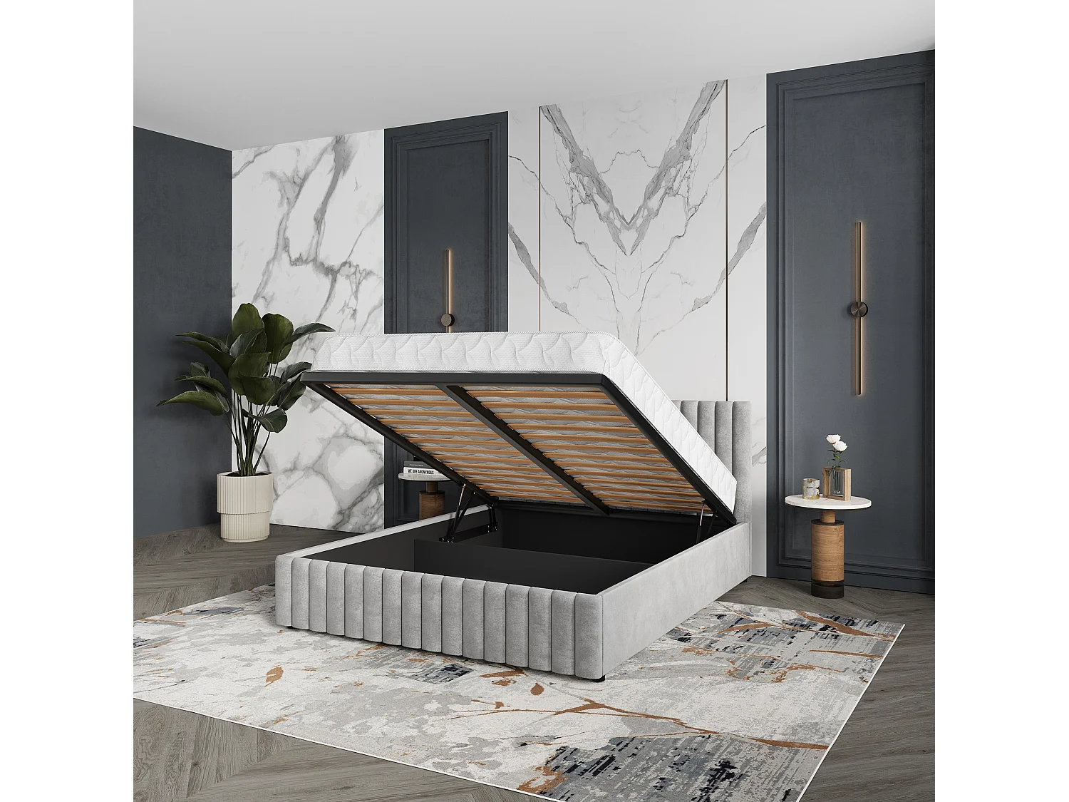 Gestoffeerd bed CARMIA 180x200 cm - Pluche stof - Lichtgrijs