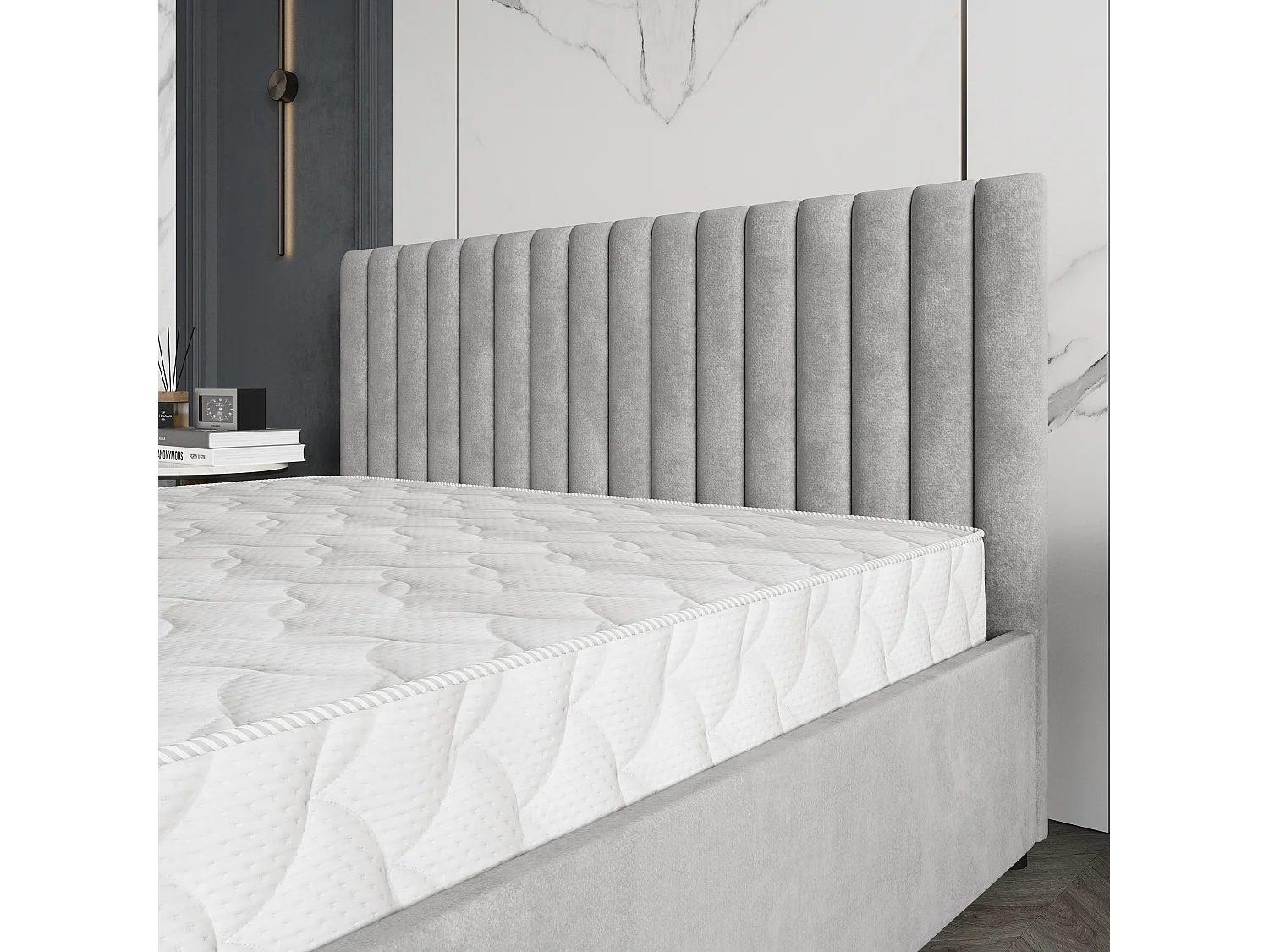 Gestoffeerd bed CARMIA 180x200 cm - Pluche stof - Lichtgrijs