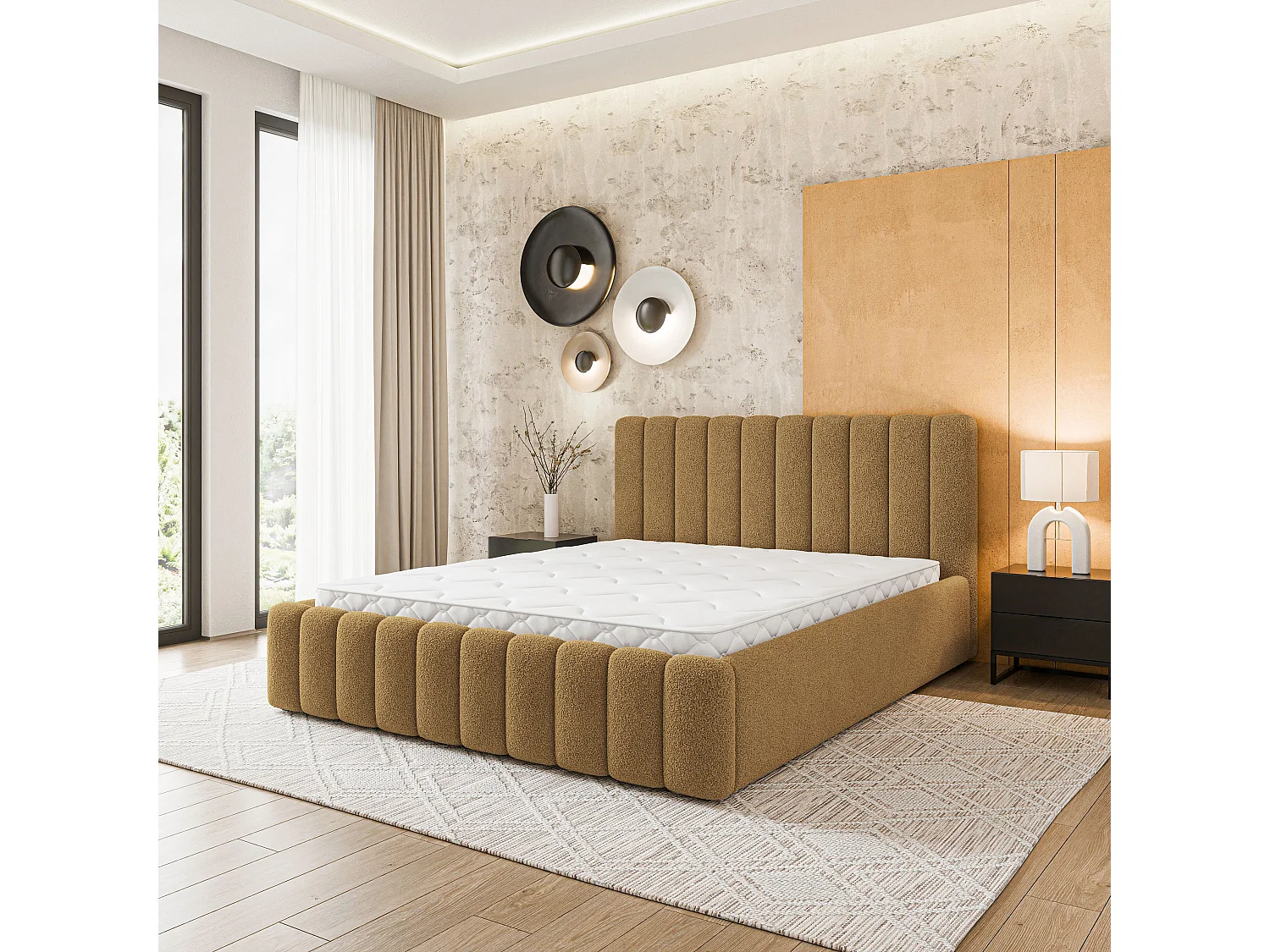 Lit Coffre DINESE 140x200 cm - Tissu bouclé - Miel