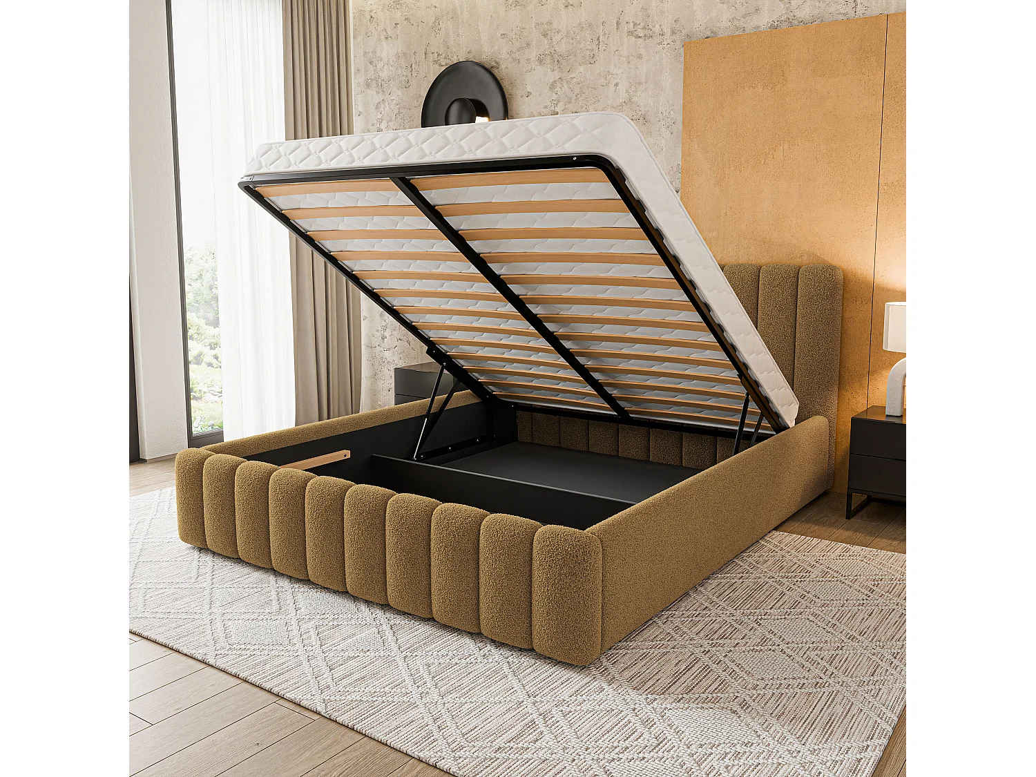 Lit Coffre DINESE 140x200 cm - Tissu bouclé - Miel