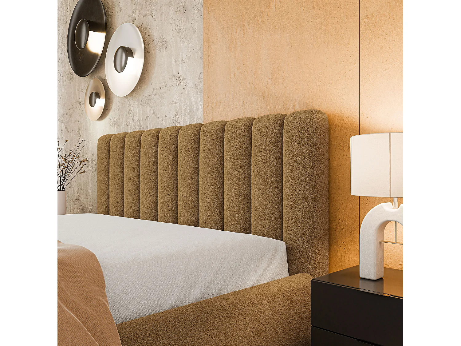 Lit Coffre DINESE 140x200 cm - Tissu bouclé - Miel