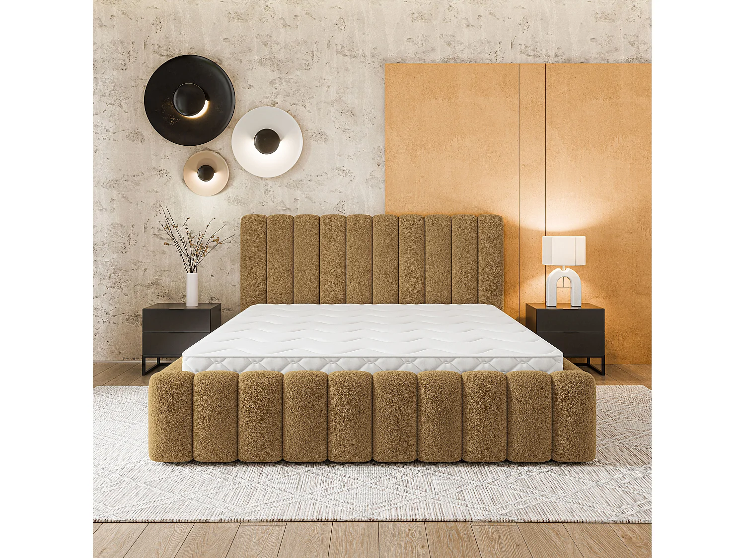 Lit Coffre DINESE 140x200 cm - Tissu bouclé - Miel