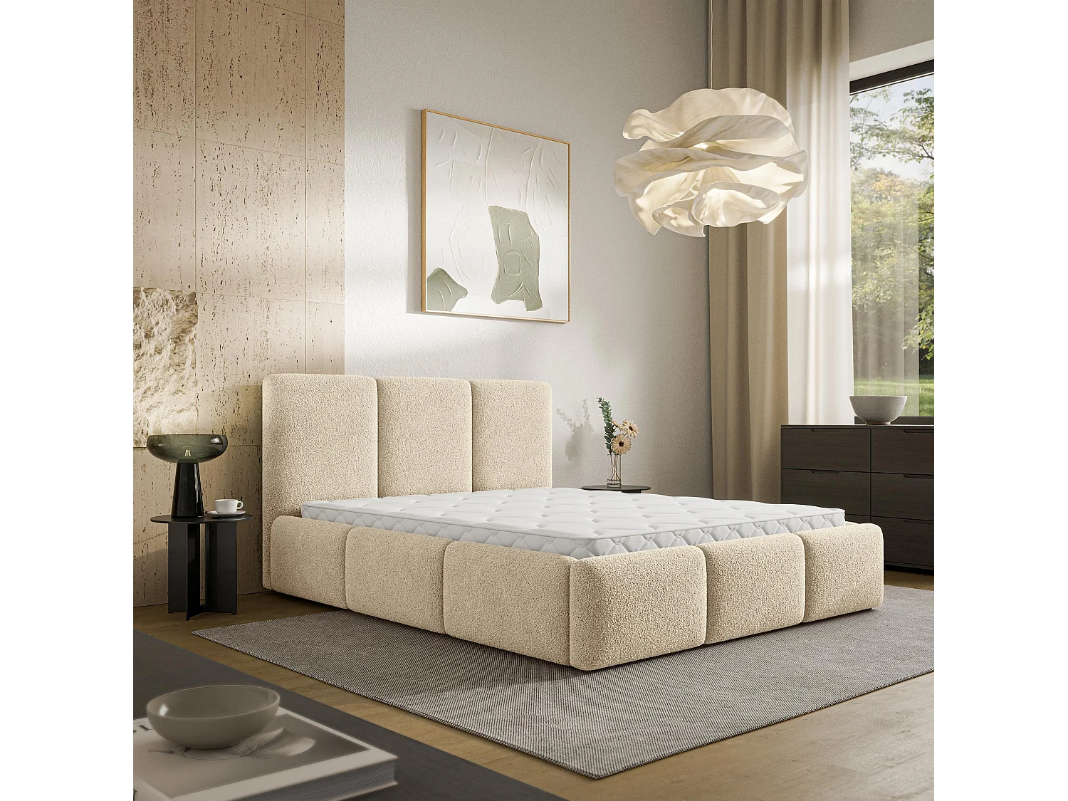 Gestoffeerd bed ARSIL 180x200 cm - Bouclé stof - Crème