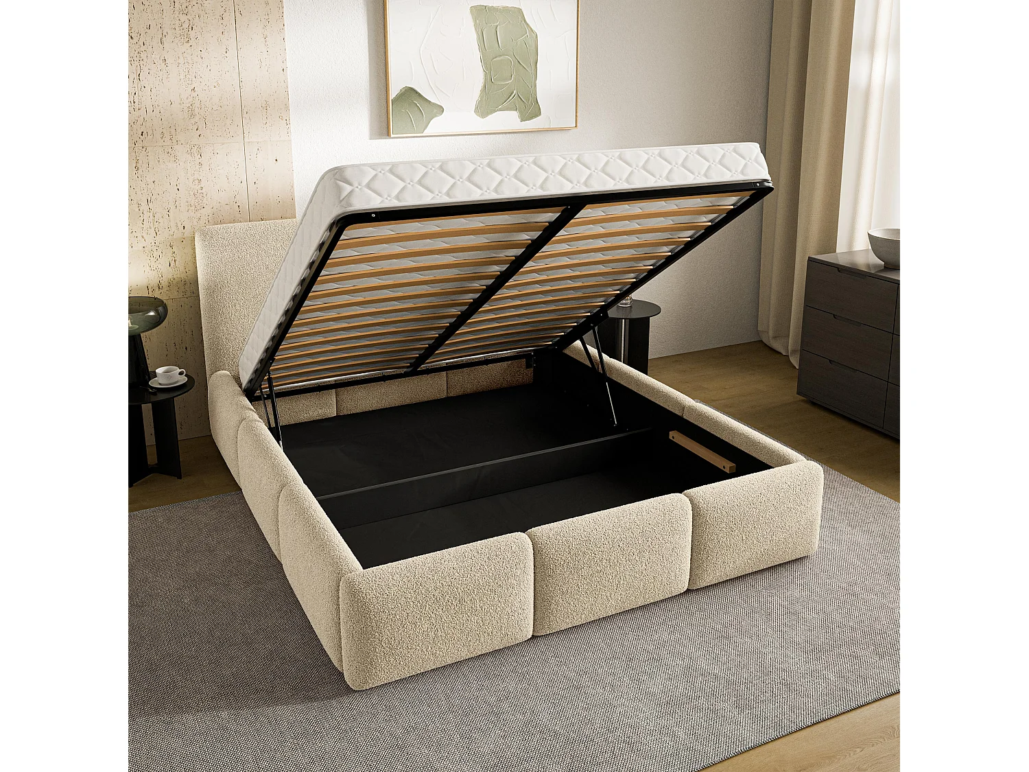 Gestoffeerd bed ARSIL 180x200 cm - Bouclé stof - Crème