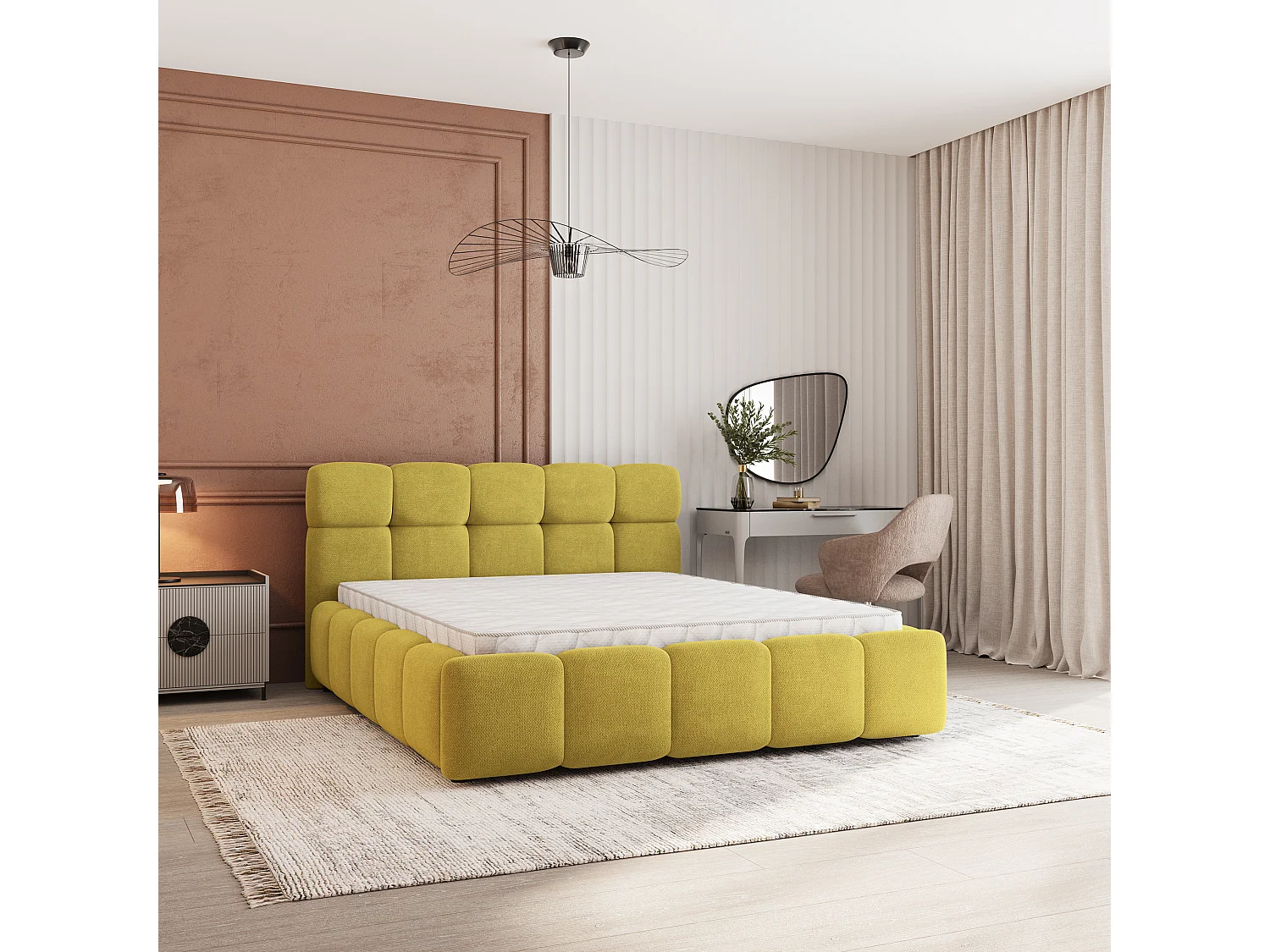 Lit Coffre FARU 160x200 cm - Tissu tissé - Jaune