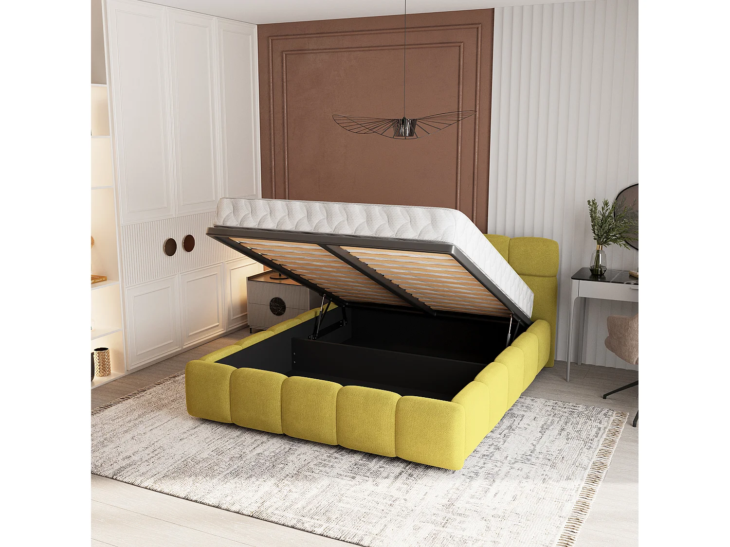 Lit Coffre FARU 160x200 cm - Tissu tissé - Jaune