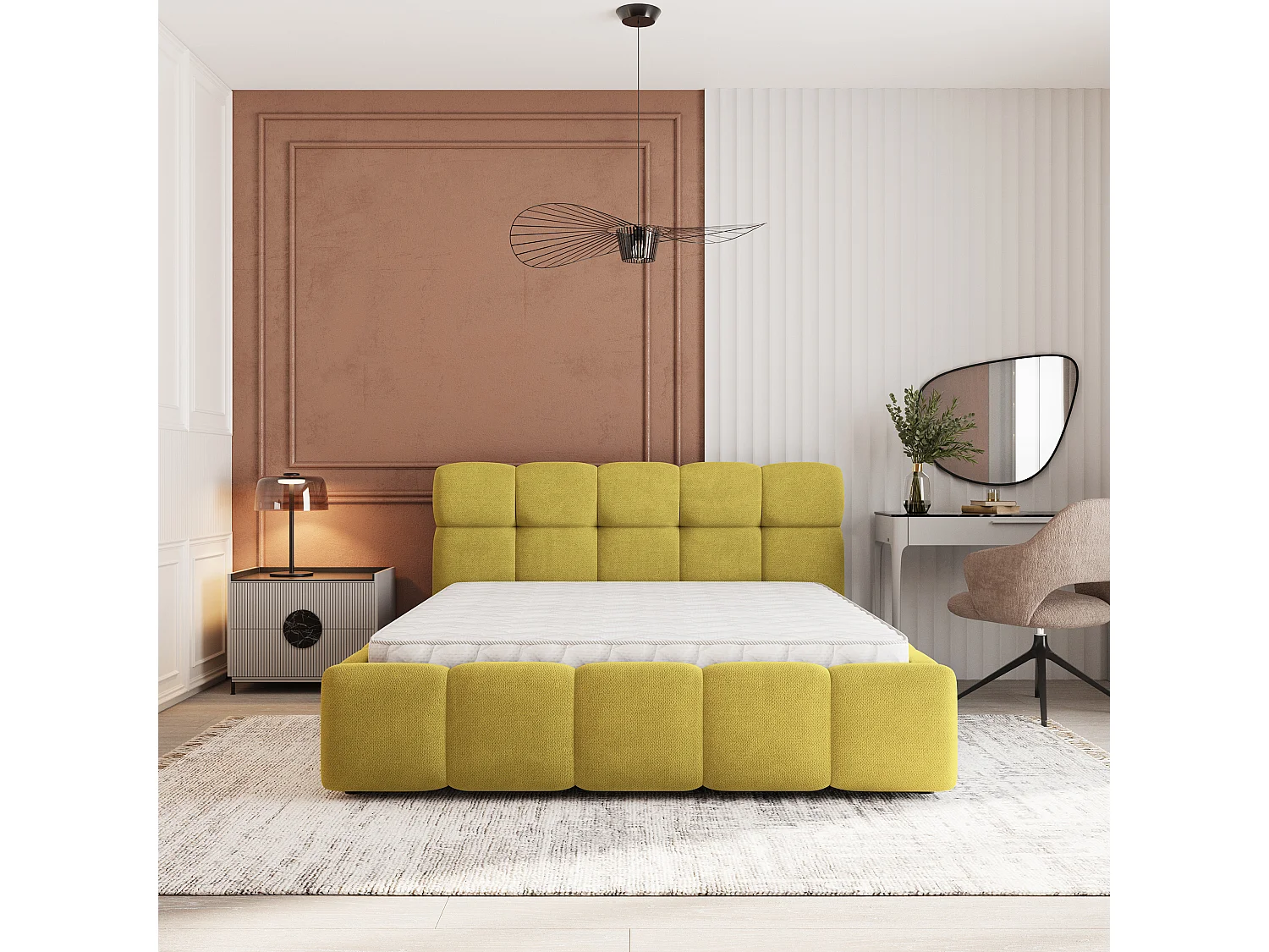 Lit Coffre FARU 160x200 cm - Tissu tissé - Jaune