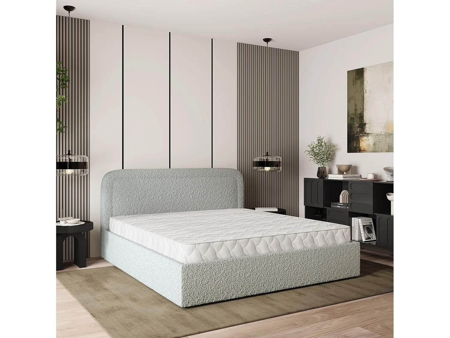 Gestoffeerd bed BENIRA 140x200 cm - Bouclé stof - Lichtgrijs