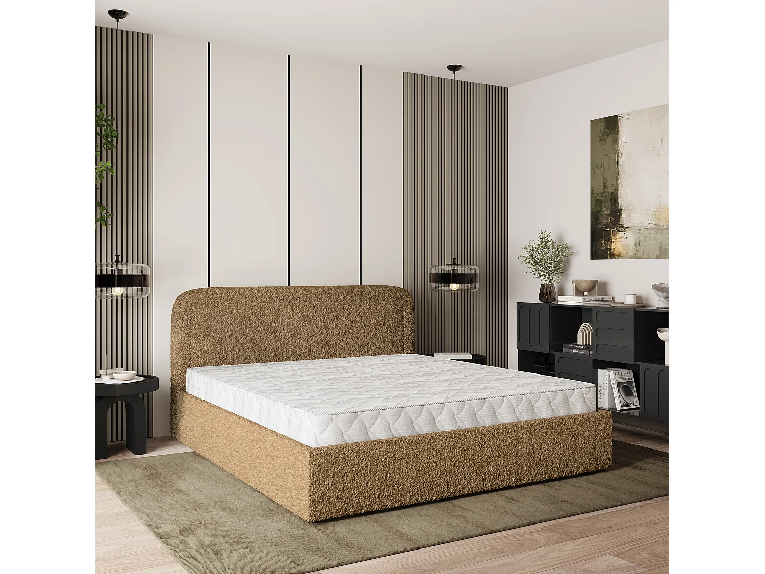 Lit Coffre BENIRA 120x200 cm - Tissu bouclé - Miel