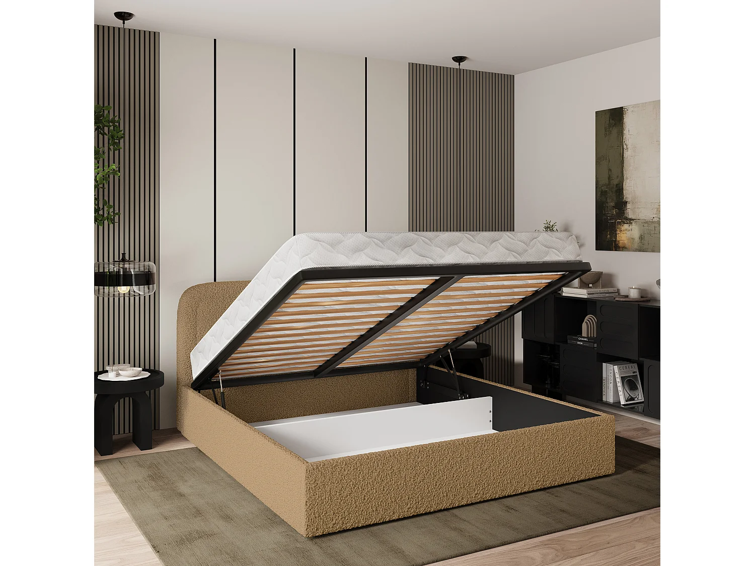 Lit Coffre BENIRA 120x200 cm - Tissu bouclé - Miel